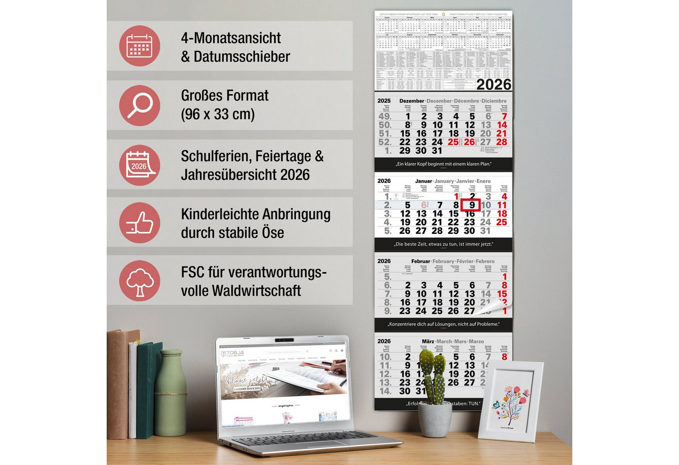 Thumbnail - TOBJA Wandkalender 4 Monatskalender 2026 Wandkalender mit Schieber, Kalender 2026 Wandkalender XXL