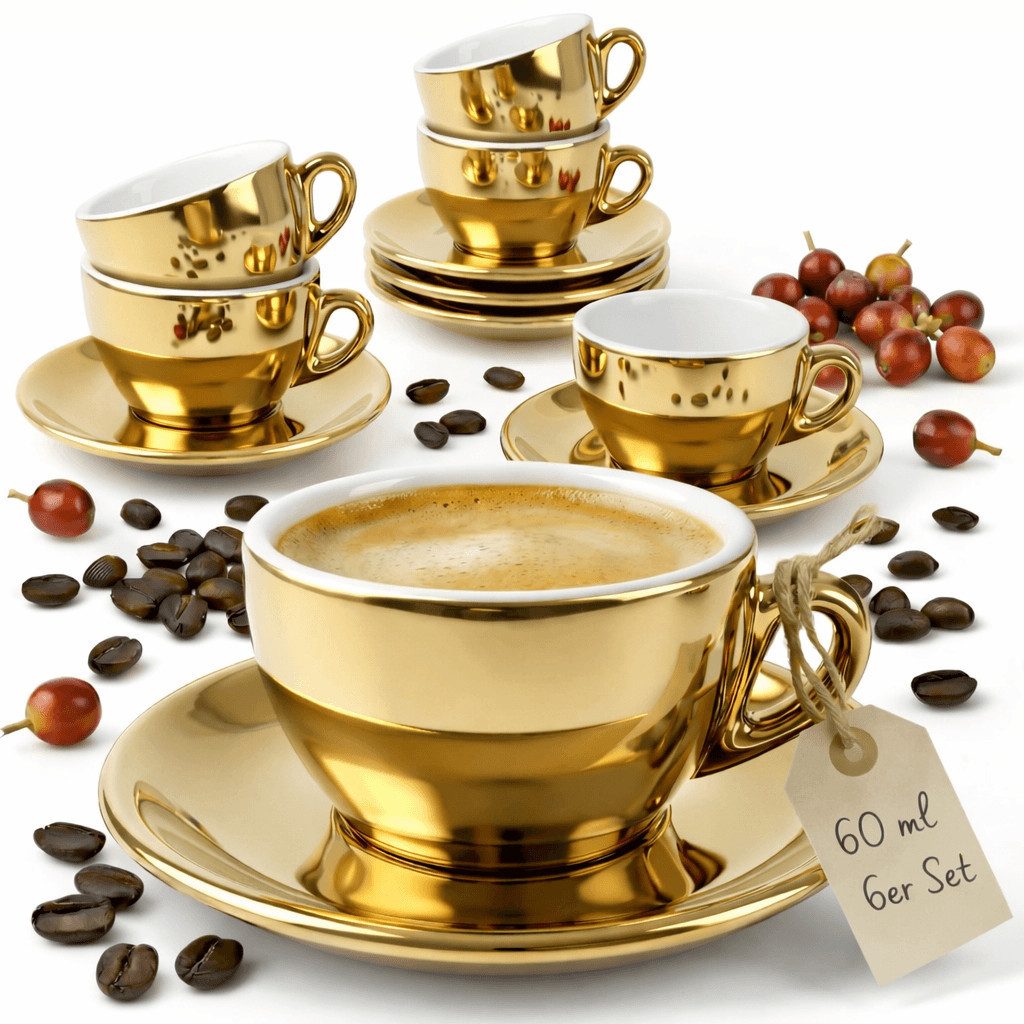 MUVELL Espressotasse 6x Espresso & Untertassen Set 0,8 cm dickwandig, goldfarben, 6-tlg., Keramik, 60 ml stoßfest und robust
