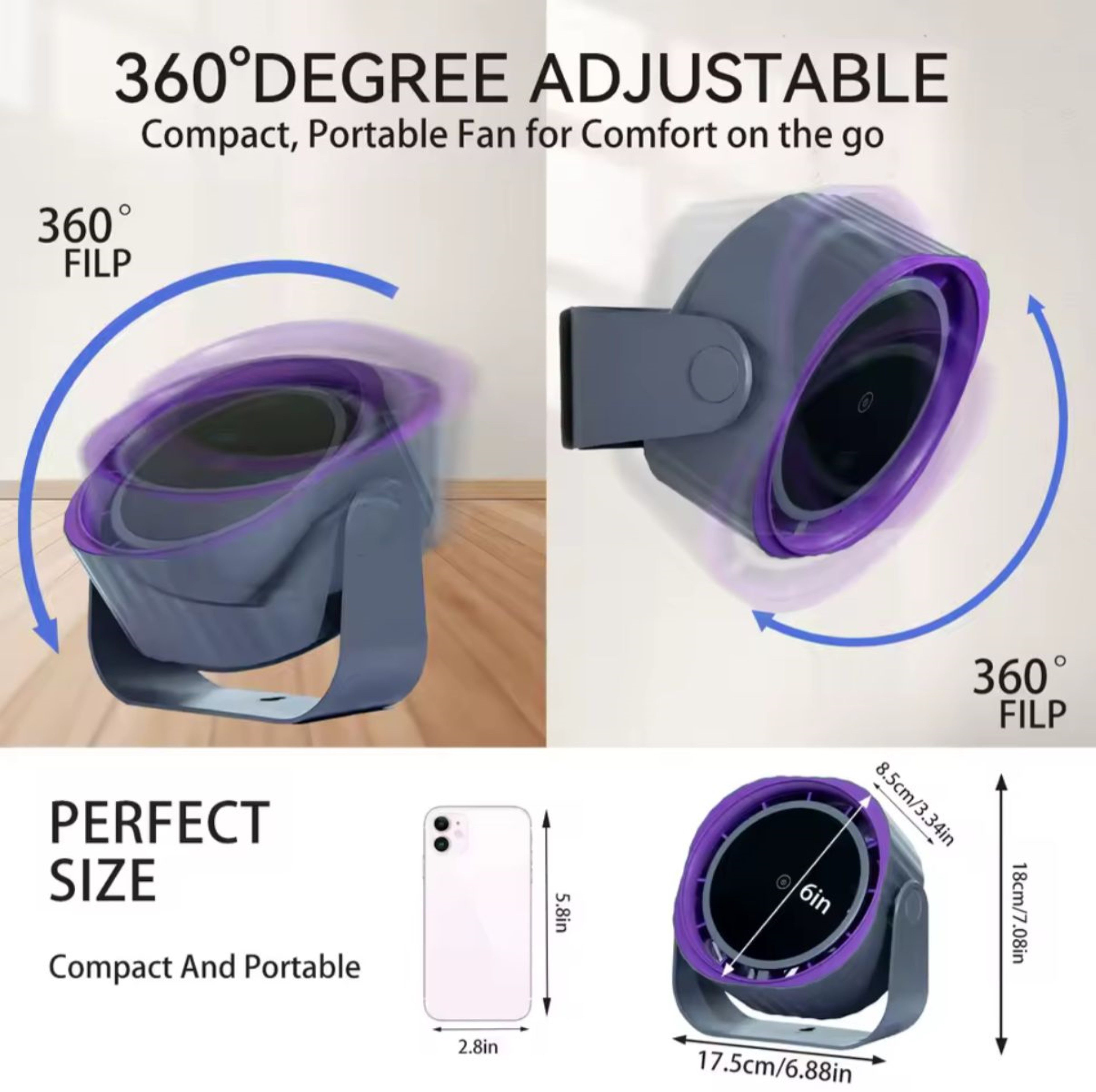 LA CUTE Akku-Ventilator Tragbarer USB-C Campingventilator mit Akku, 120 Stufen, leise & stark, 75.000 U/min, 120 Stufen, LED-Display, Schnellladung