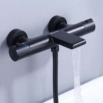HOMELODY Wannenarmatur Thermostat Wasserfall Badewannenarmatur mit Sicherheitsknopf 38℃ Wannenbatterie Mischbatterie Dusche Duscharmatur schwarz