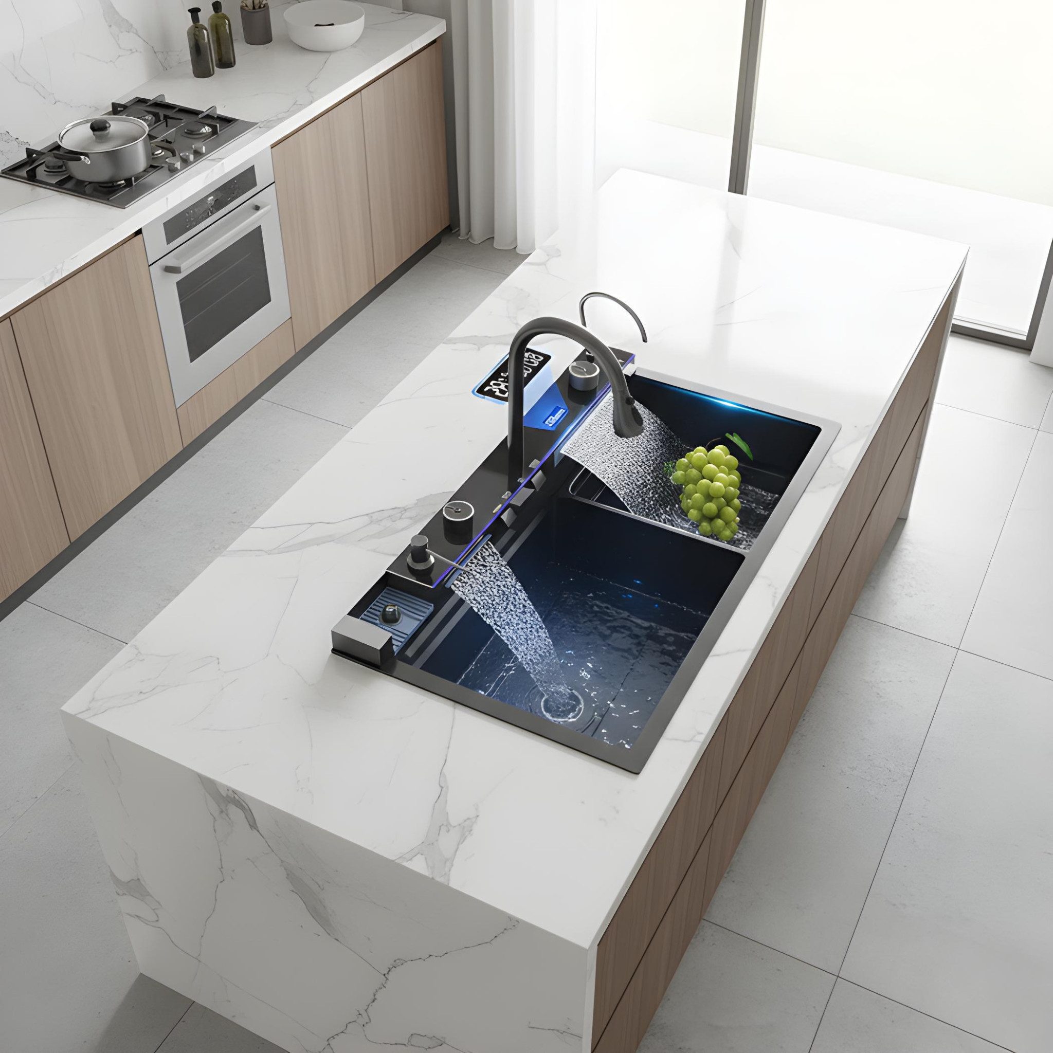 LuxaSteel Edelstahlspüle Smarte Küchenspüle – Einbauspülbecken mit Wasserfall-Funktion, (Komplettset), Smartes Geschirrspülbecken mit hohem Funktionsumfang