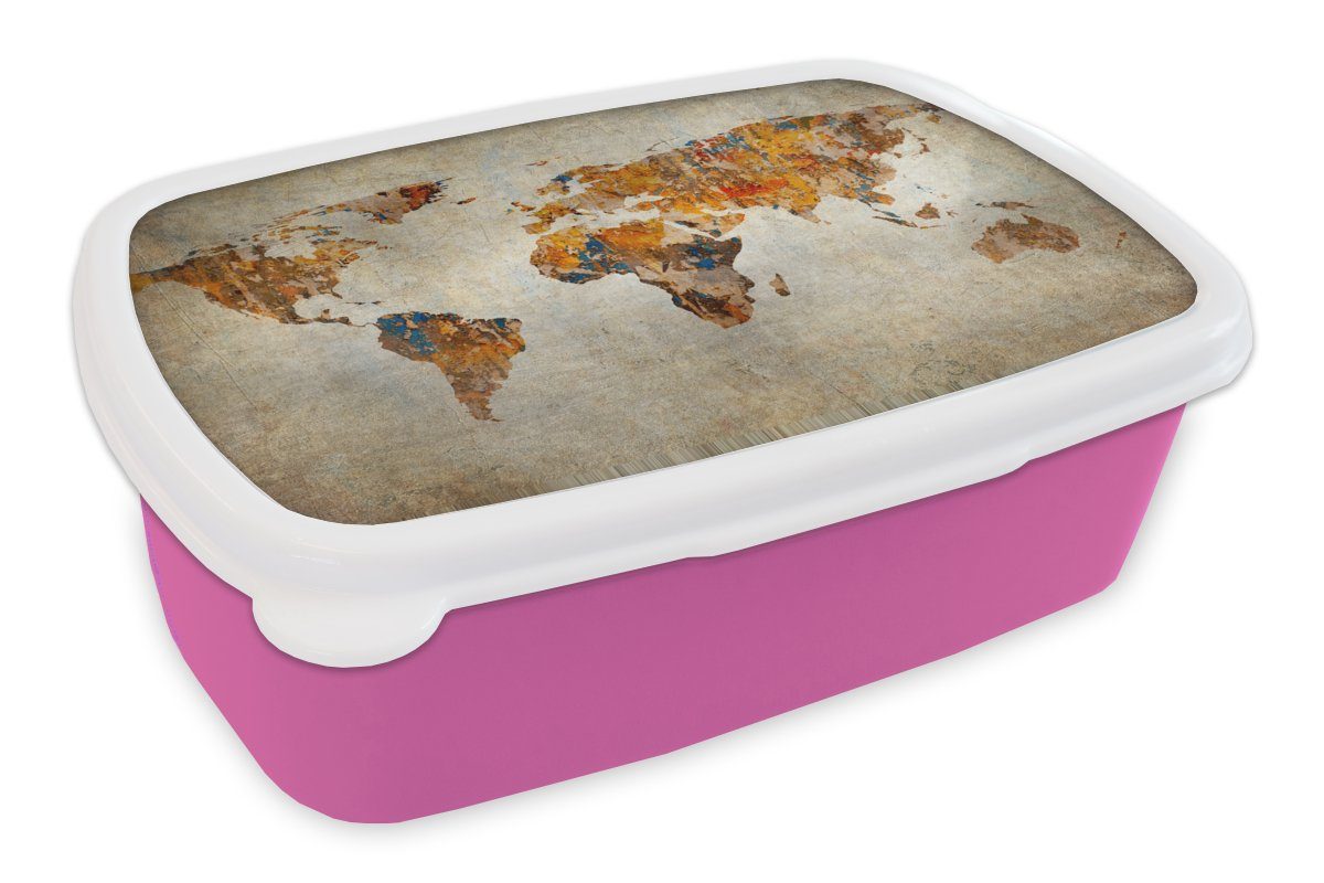 MuchoWow Lunchbox Weltkarte - Vintage - Abstrakt - Kinder - Jungen - Mädchen, Kunststoff, (2-tlg), Brotbox für Erwachsene, Brotdose Kinder, Snackbox, Mädchen, Kunststoff rosa