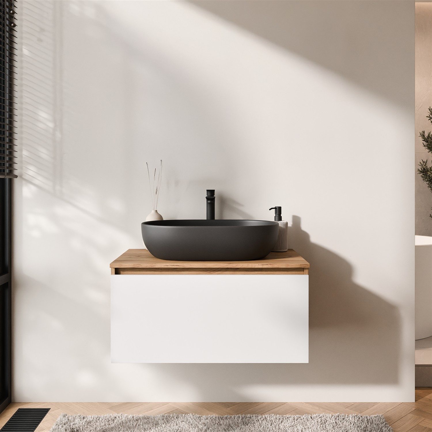 Planetmöbel Waschtisch-Set Arisa 2 teilig, Waschtisch mit Unterschrank 80 cm, Waschbecken 60 cm, (Waschtischunterschrank hängend für Gäste WC & Bad, weiß, 2-St., Badmöbel Set mit Waschbecken 60 cm schwarz), Schublade mit Soft-Close Funktion