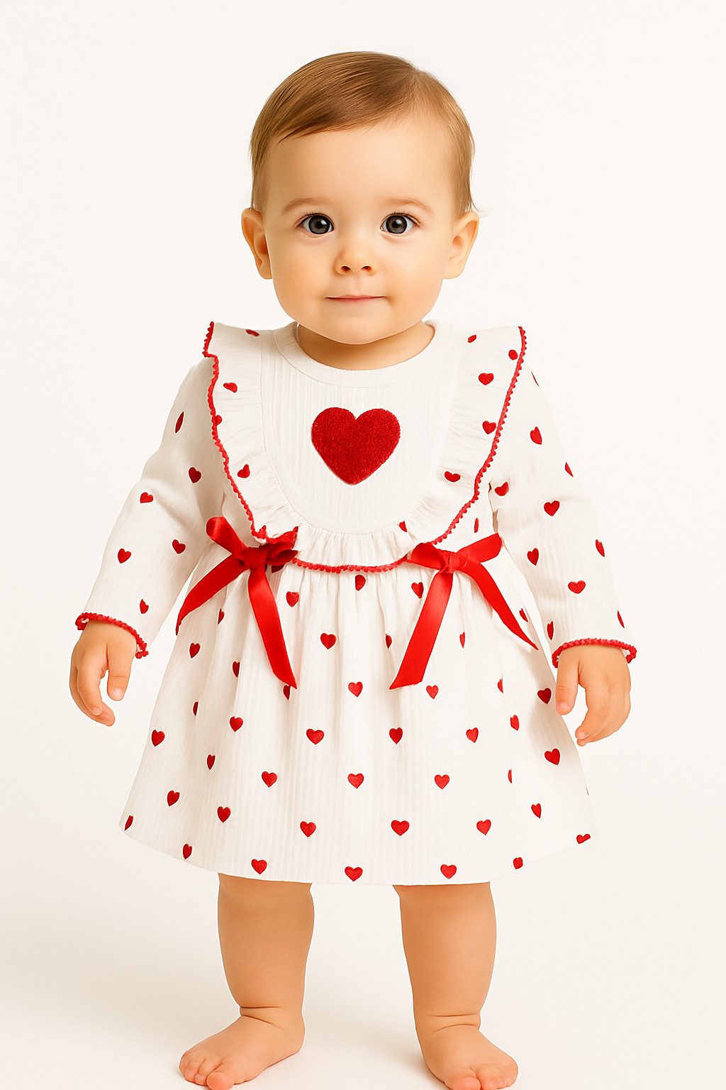 Lorey Medtec Partykleid Mädchen Kleid, Prinzessin Kleid, Festkleid, 100% Baumwolle, Weiß Herzmotiv, Schleifen