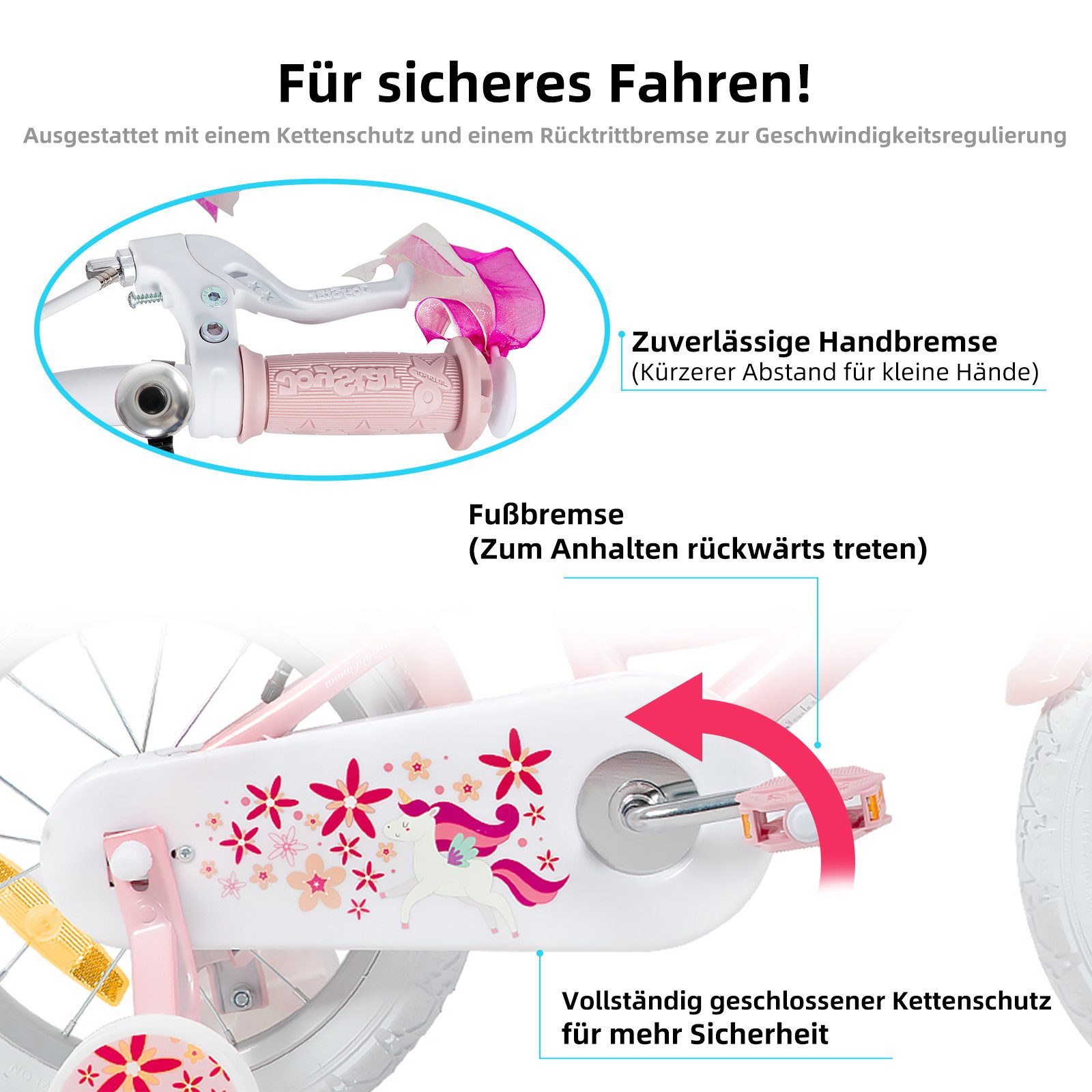 JOYSTAR Kinderfahrrad 12 14 16 18 Zoll Mädchenfahrrad, 2-9 Jahre, Geschenk für Prinzessin, 1 Gang, Puppenradsitz & Stützrädern& Korbstreamer, 18 Zoll mit Stützr – Bild 3 von 5
