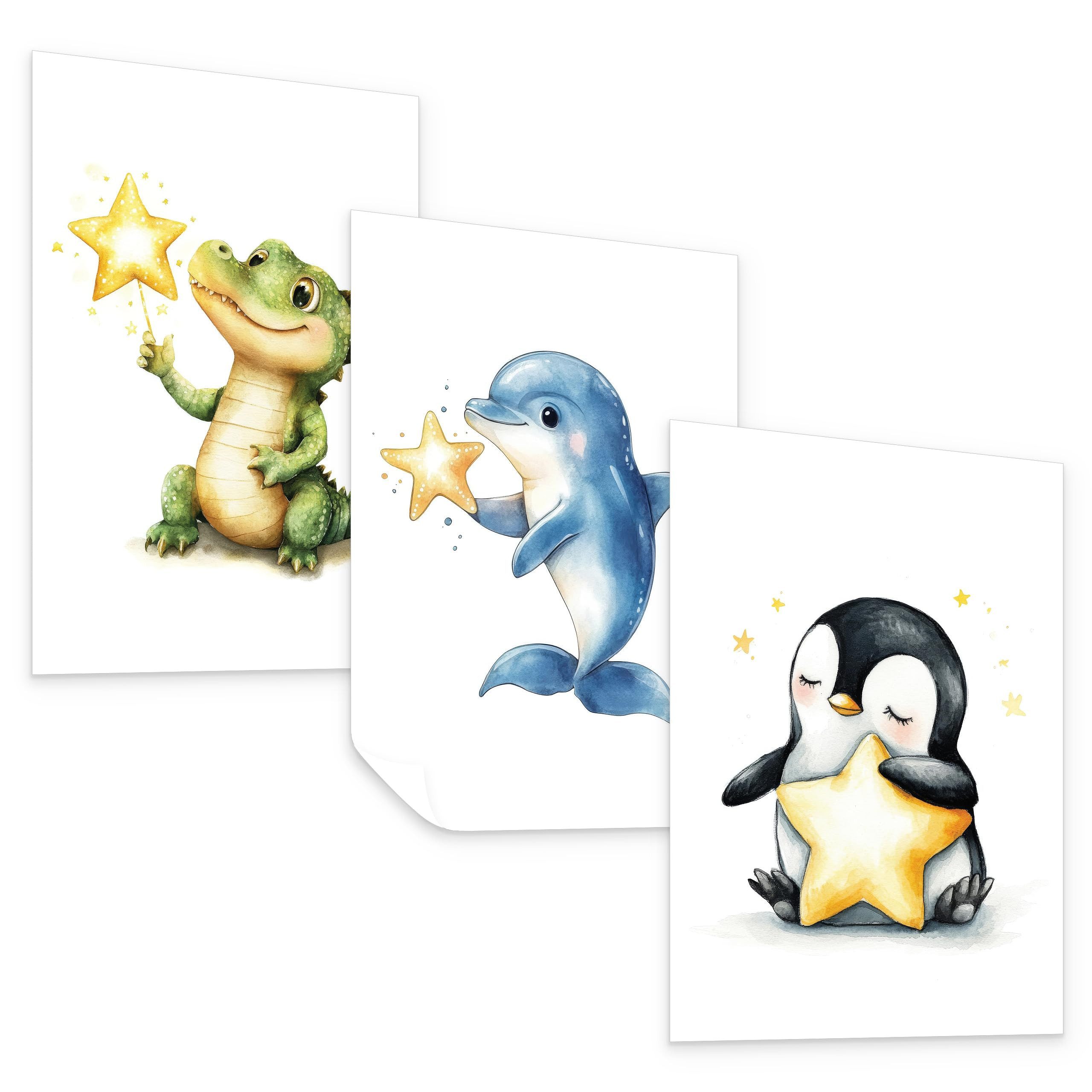 Muralo Poster Tiere – 3er-Set Poster Wandbild Kunstdruck Wohnzimmer Schlafzimmer, Abstrakt (Set, 3 St), Teddybären mit Sternen, 3er-Set 21 x 30 cm, ohne Rahmen