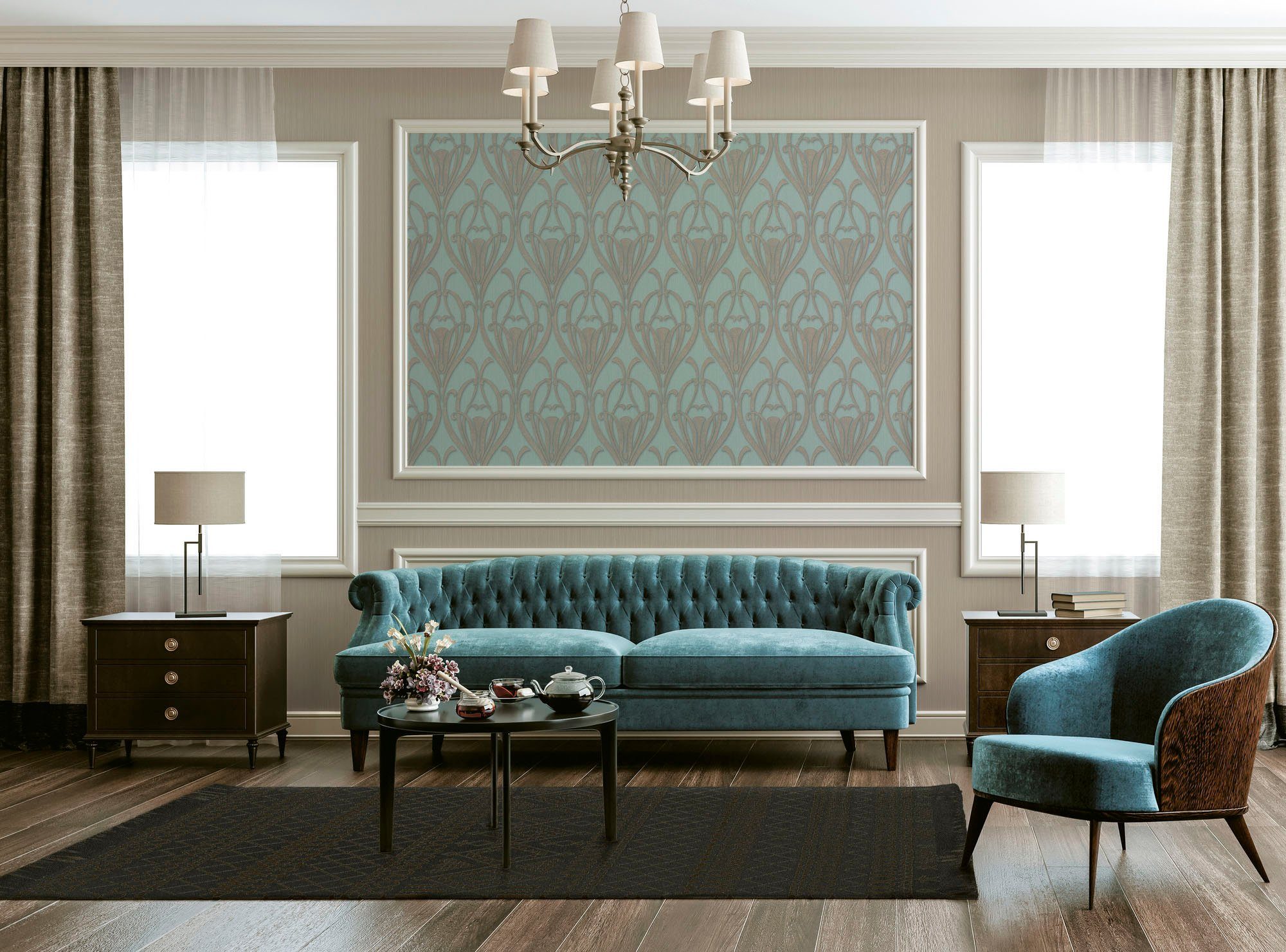blau/braun Barock, living Vliestapete strukturiert, Barock gemustert, ornamental, Ornament Tapete Mata Hari, walls