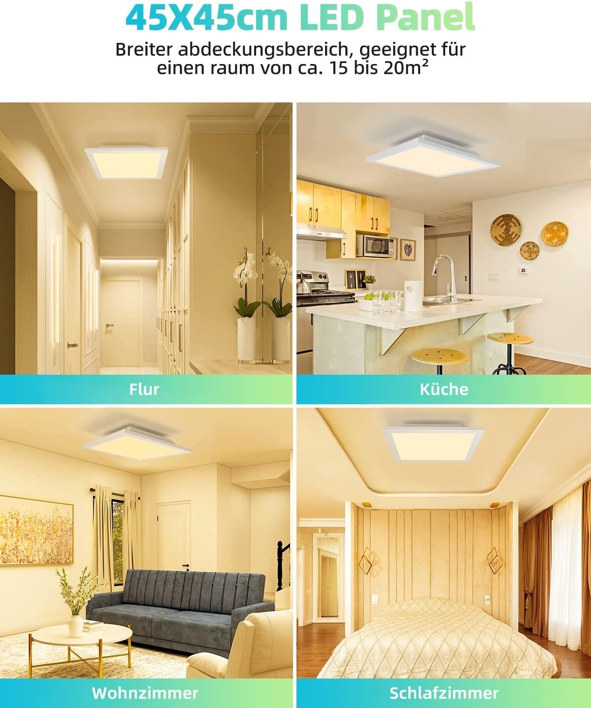 ZMH Deckenleuchten LED Panel für Wohnzimmer,45*45cm/60*60cm, Design 45*45cm Flach Büro, 3000K Warmweiß