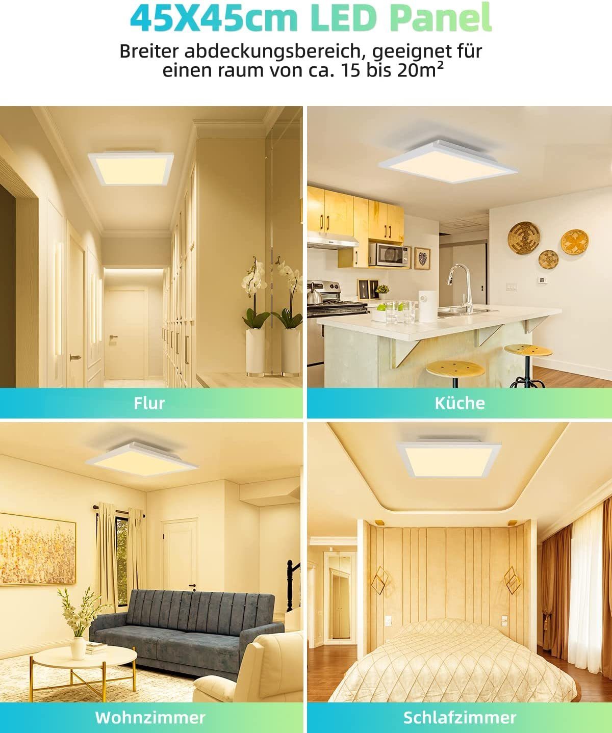 ZMH Deckenleuchten LED Panel Flach Design 3000K für Büro, Wohnzimmer,45*45cm/60*60cm, Warmweiß