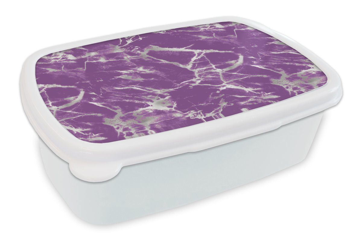 MuchoWow Lunchbox Violett - Weiß - Marmor - Muster, Kunststoff, (2-tlg), Brotbox für Kinder und Erwachsene, Brotdose, für Jungs und Mädchen