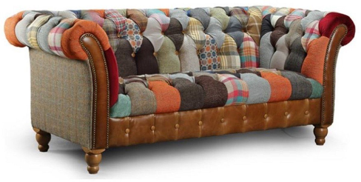 Casa Padrino Chesterfield-Sofa Luxus Chesterfield 2er Sofa Mehrfarbig / Grau / Braun 200 x 95 x H. 85 cm - Wohnzimmer Sofa mit Echtleder - Chesterfield Wohnzimmer Möbel