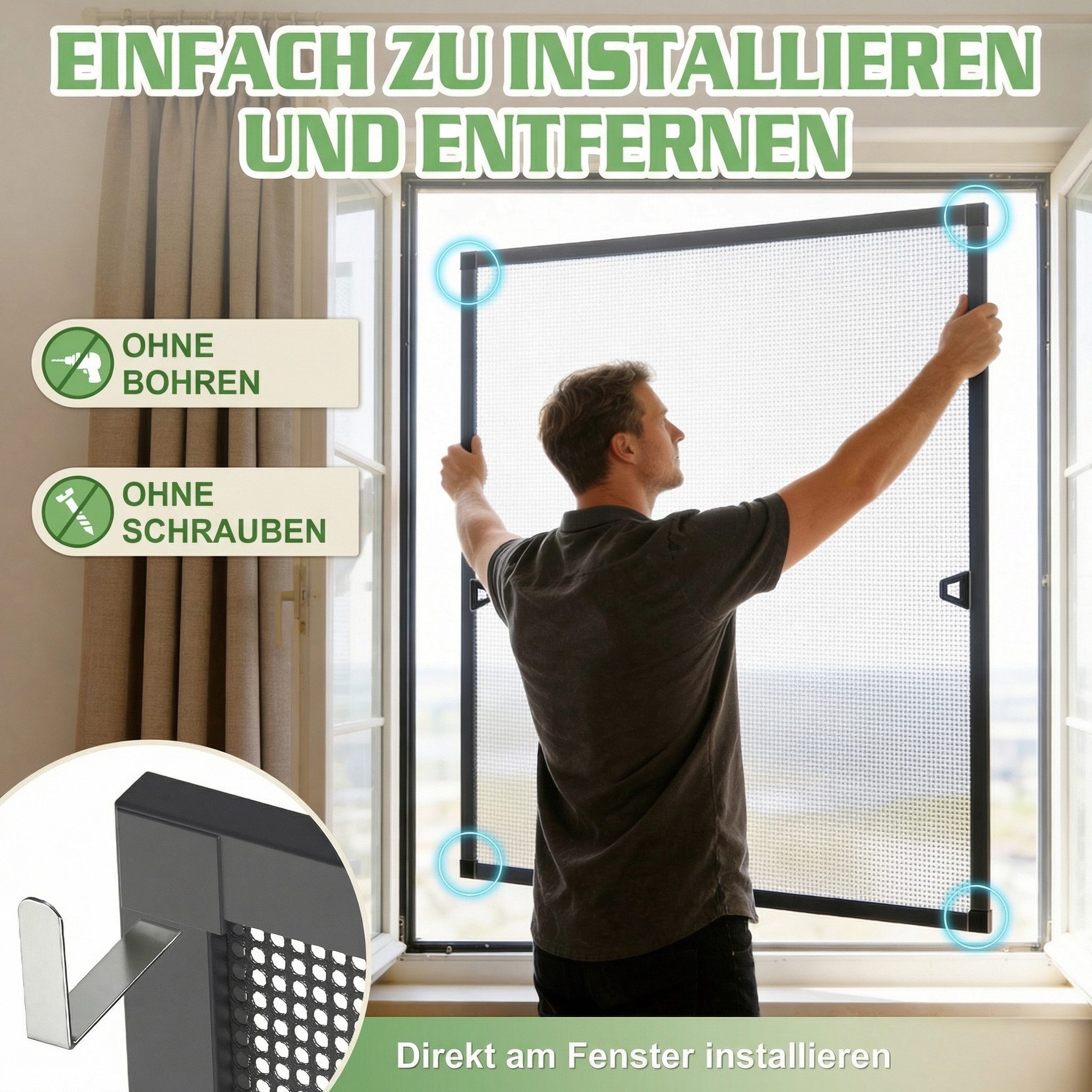 Huracan Insektenschutz-Fensterrahmen Fliegengitter Fenster Insektenschutz mit Aluminium Rahmen, (Mückengitter Fliegenschutz Spannrahmen ohne Bohren und Schrauben, Größen 80×100, 100×120 & 120×140cm verfügbar), für Schlafzimmer Büro Küche