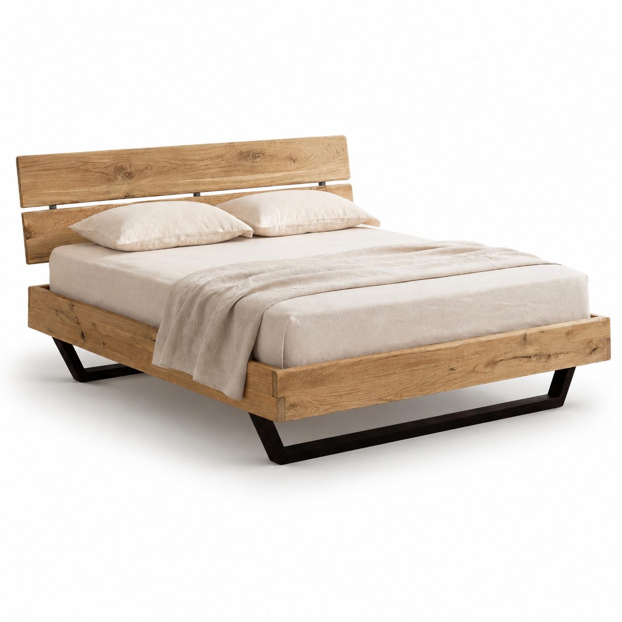 Liadomo Bettgestell Bologna, Bett, Doppelbett, Massive Eiche oder Akazie (Liegefläche 140 x 200; 160 x 200; 180 x 200 cm), Holzkopfteil, Industrial-Look, mit Metallkufen schwarz