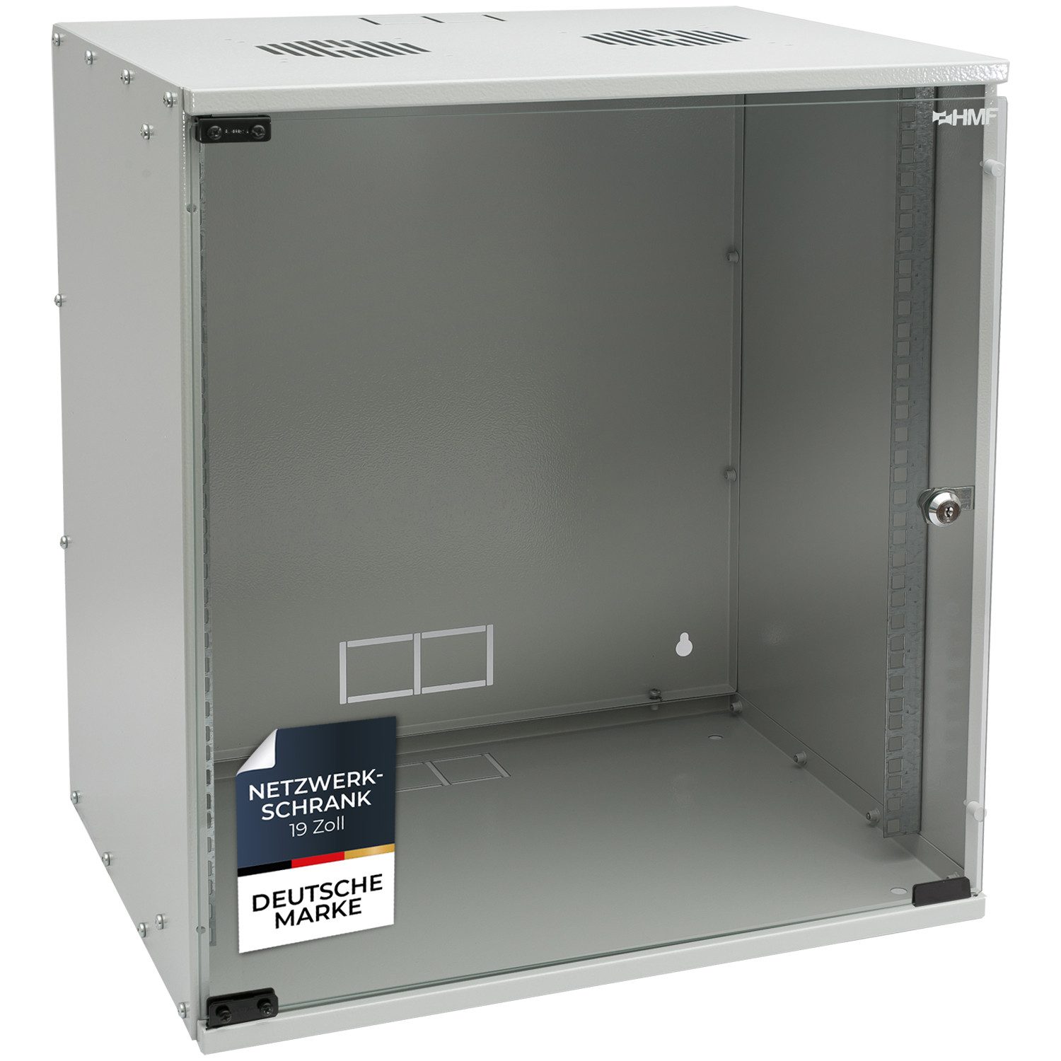 HMF Serverschrank Netzwerkschrank, Serverschrank 19 Zoll, 12 HE, 400 mm Tiefe, Glastür, Lichtgrau