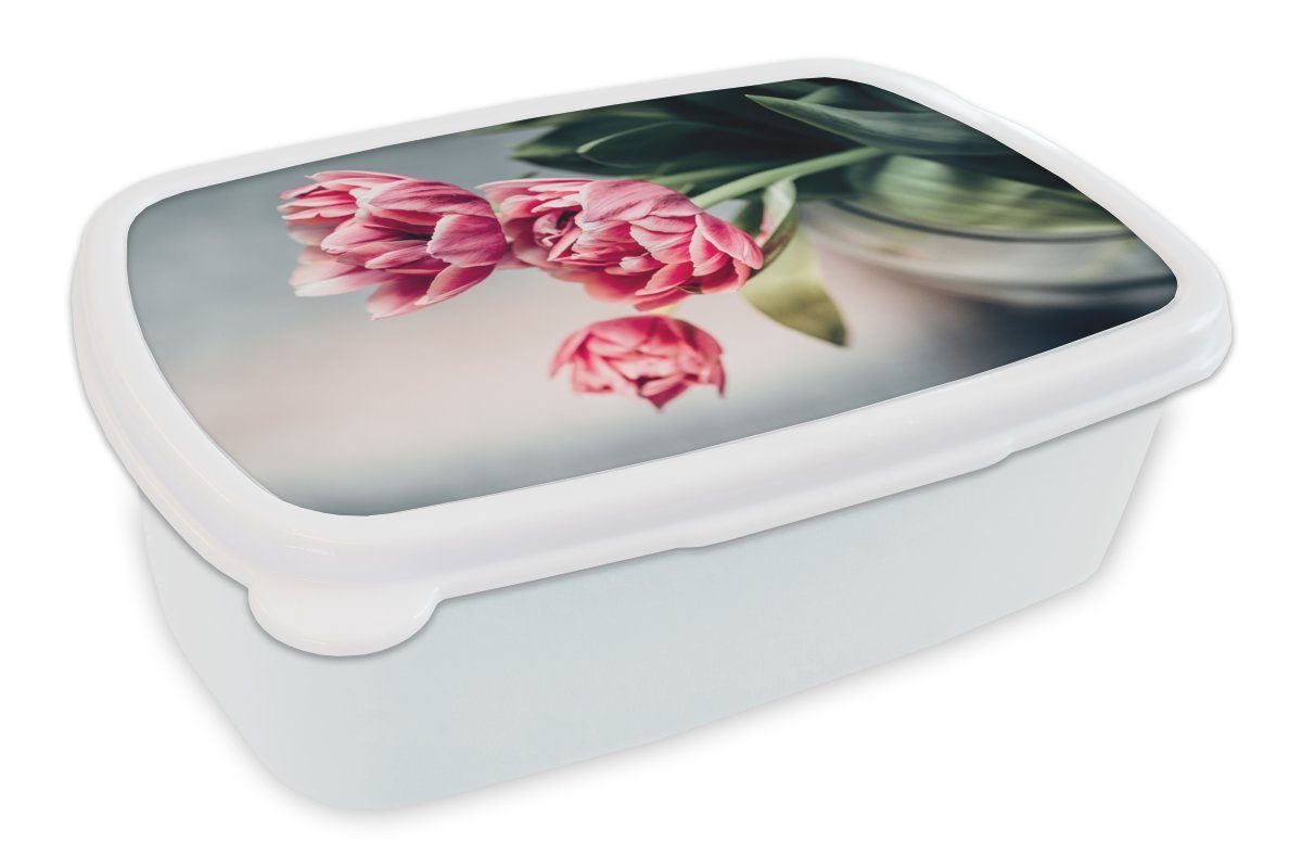 MuchoWow Lunchbox Blumen - Tulpen - Rosa, Kunststoff, (2-tlg), Brotbox für Kinder und Erwachsene, Brotdose, für Jungs und Mädchen weiß