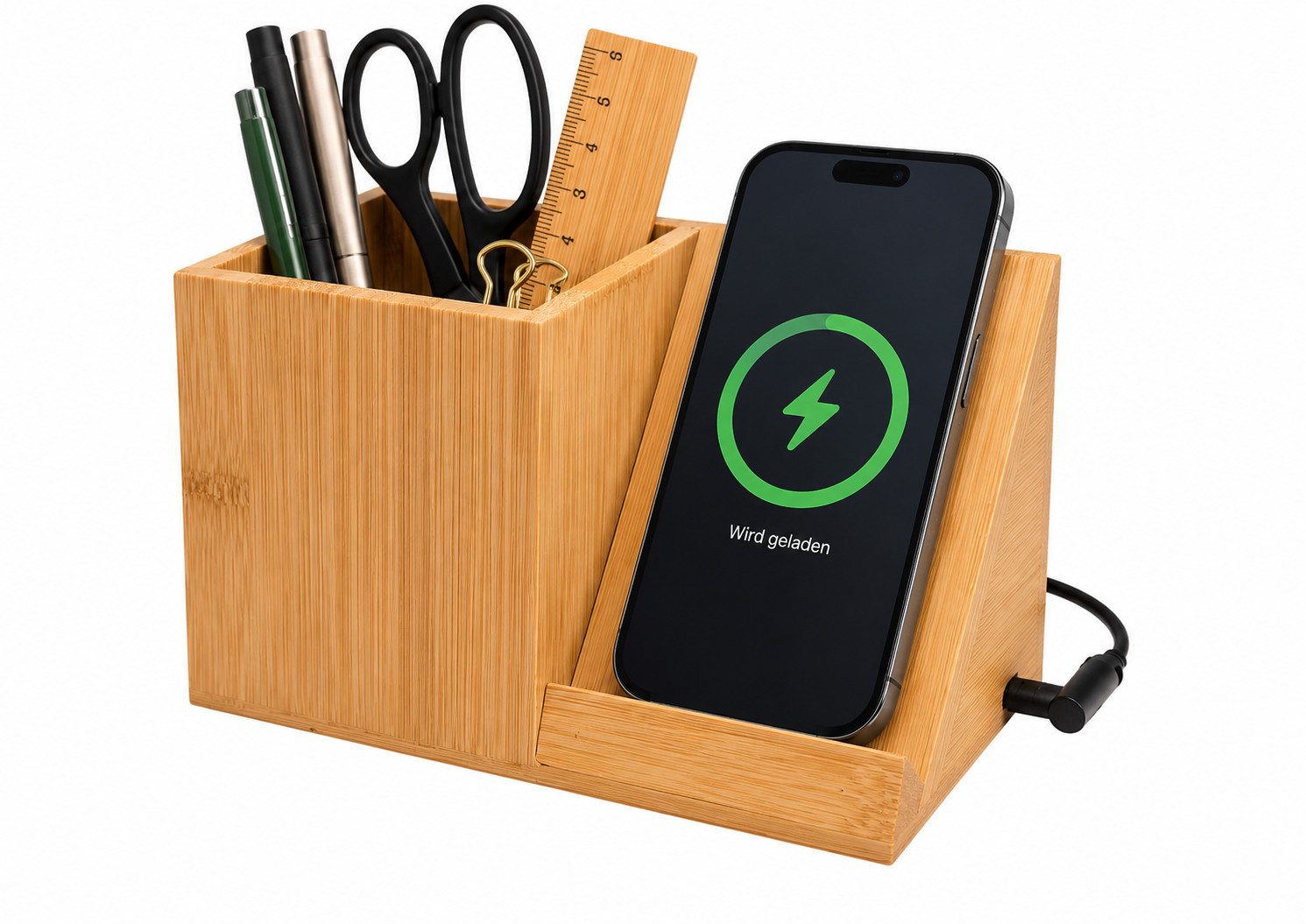PEGSEN Schreibtisch-Organizer aus Holz mit induktiver Ladestation & Stiftehalter (Büro Aufbewahrung, 1 St., Docking Station, Stiftebox), wireless Charger, Geschenkidee für Büro & Home Office