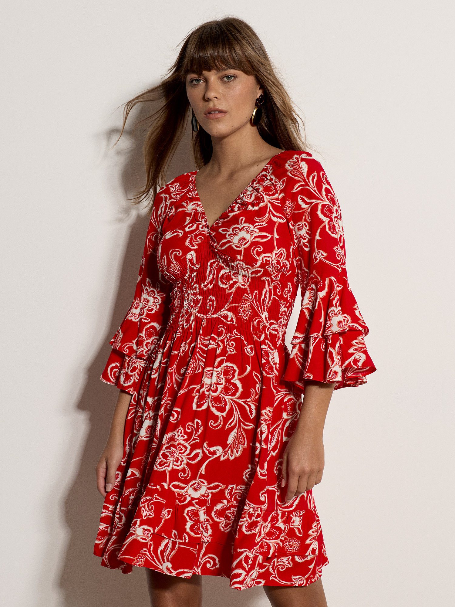 Apricot Minikleid Smok-Minikleid mit Trompetenärmeln