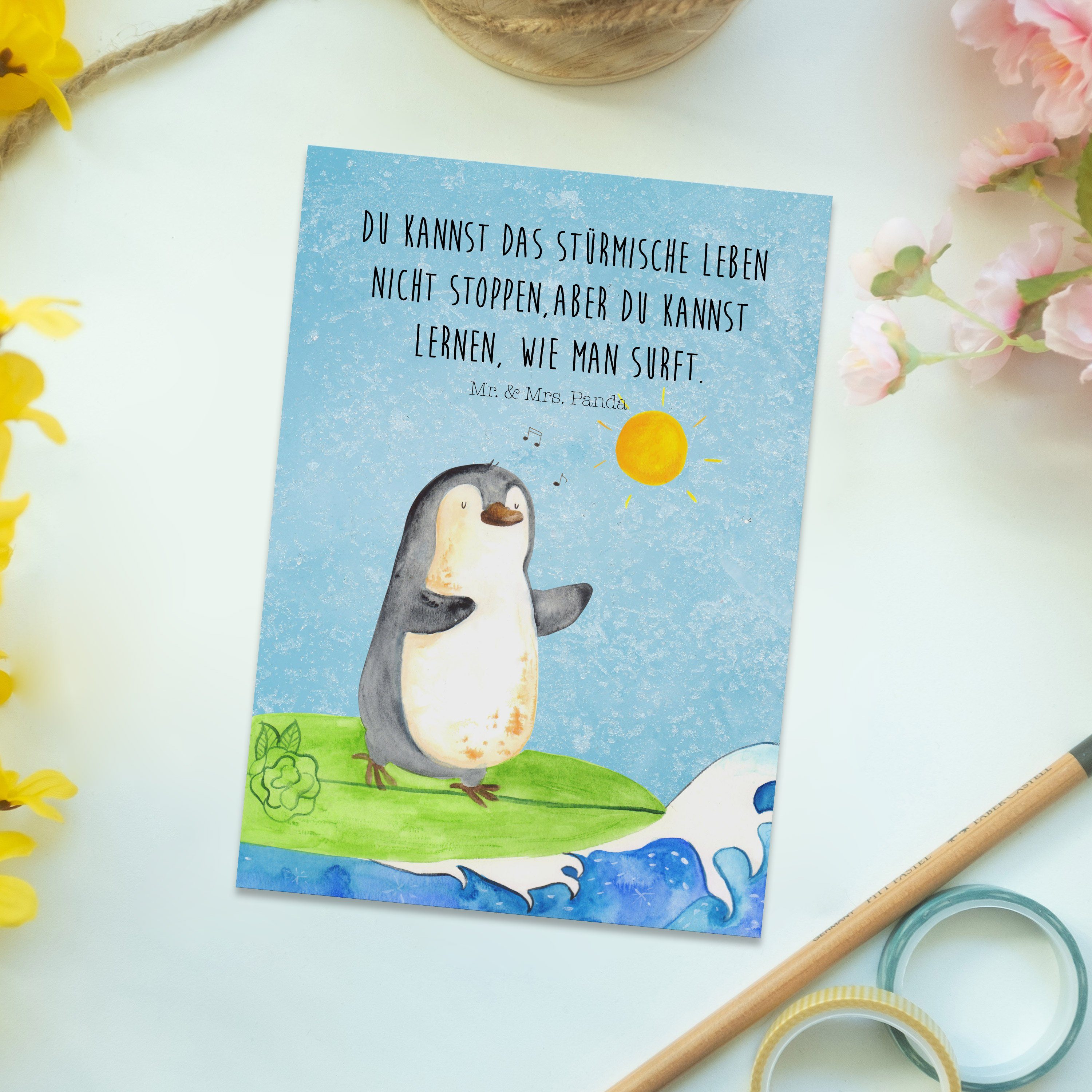 Mr. & - Eisblau Ur Geschenk, reiten, Surfer - Panda Postkarte Mrs. Pinguin Wellen Geschenkkarte