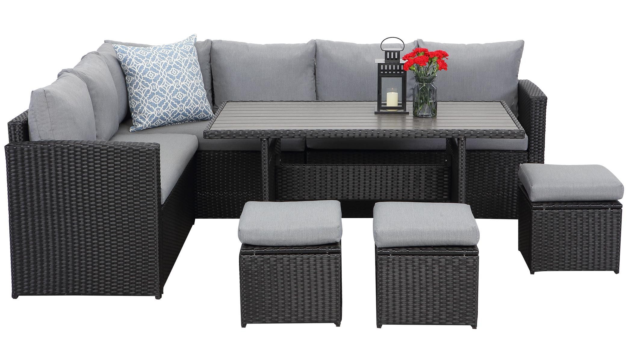 MeXo Loungeset Gartenlounge Set für 8 Personen wetterfest, (Esstisch breit 132x76x67cm, 7-tlg., Belastbarkeit pro Sitzplatz bis zu 140kg), Ecklounge, pflegeleichte Polywood-Tischplatte, Polyrattan/Stahl