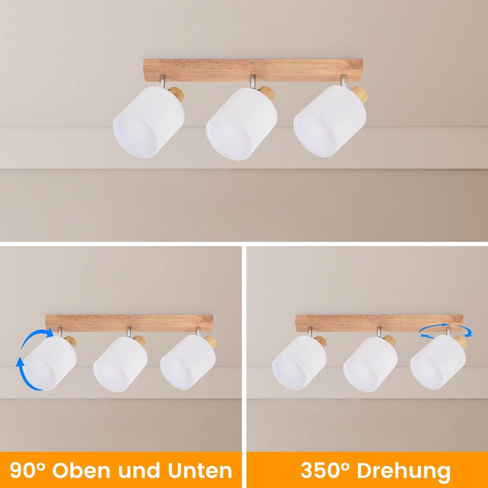 Modern Flammig 3 Deckenspot Leuchtmittel, Deckenstrahler ohne Deckenleuchte Schlafzimmer Wohnzimmer für Holz Schwenkbar, Küche, Stoffschrim Vintage ZMH