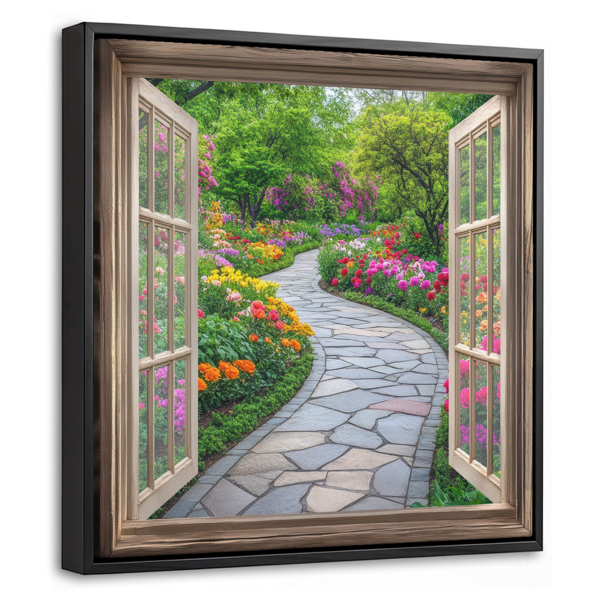 OneMillionCanvasses® Leinwandbild mit Rahmen - Aussicht - Blumen - Gartenweg - Natur - Fenster, Fotodruck (1 St), Leinwand Bilder Klein, Wand Dekoration Aesthetic 20x20cm