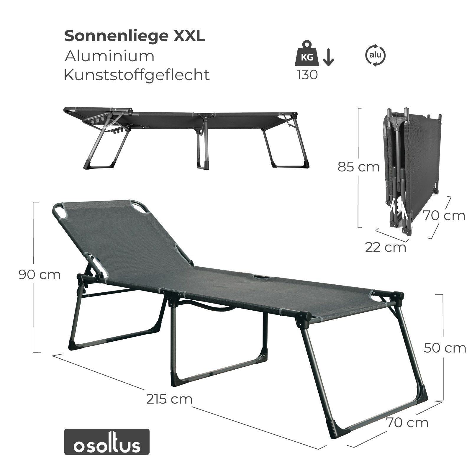 osoltus Campingstuhl osoltus ALU Dreibeinliege XXL Sonnenliege hoch Pellworm 215x70x50 cm