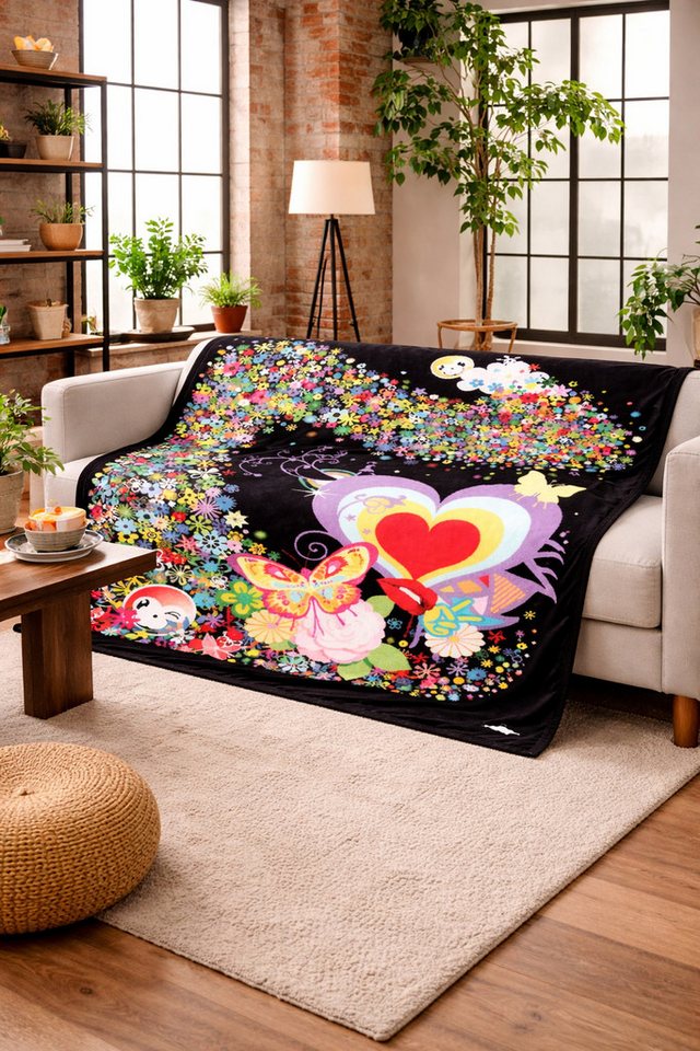 Wohndecke Reilly - Fleece Decke, Fleecedecke, Kuscheldecke, Hearts & Butterflies, trendimport