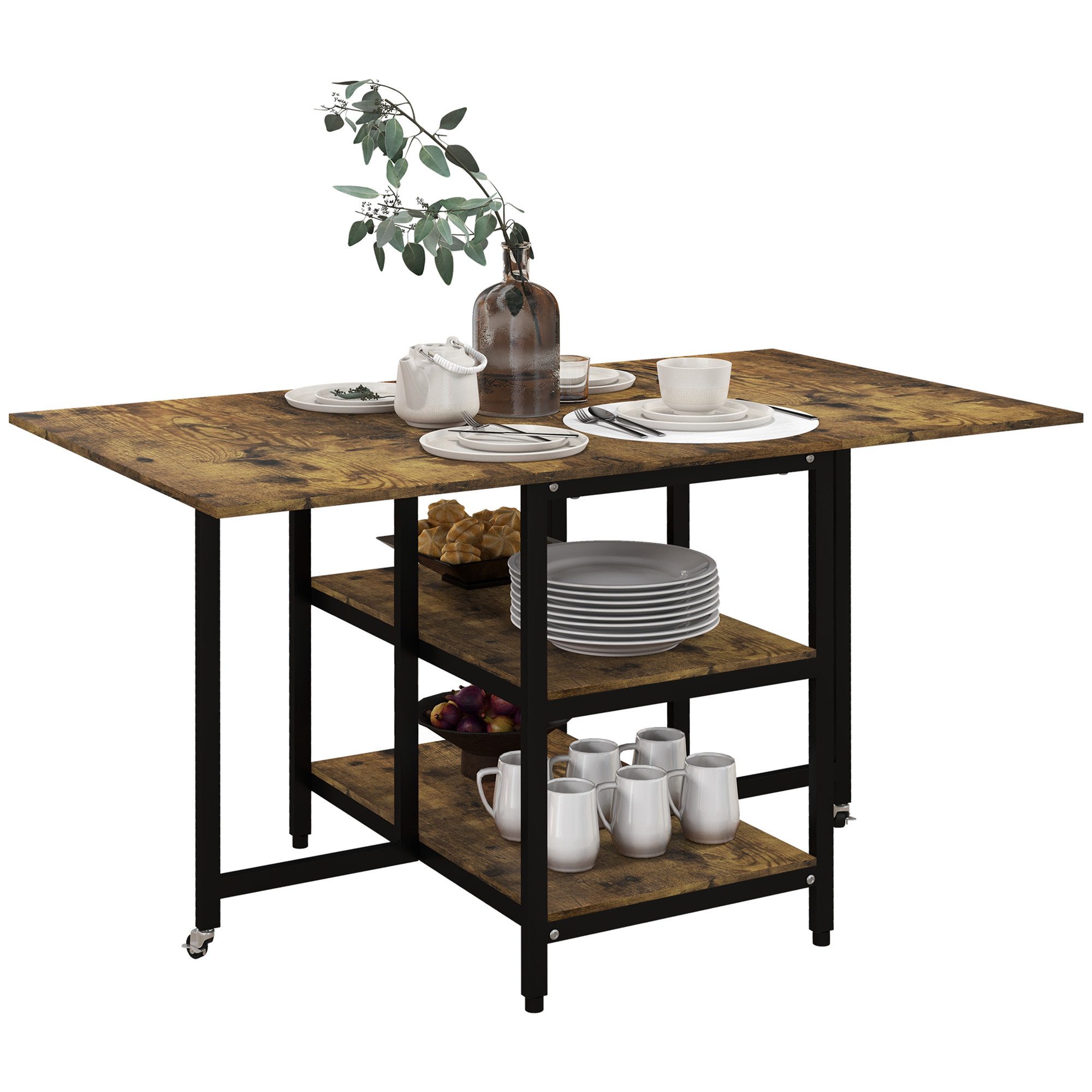 HOMCOM Klapptisch Esstisch ausziehbar klappbar rechteckig Mobiler Küchentisch (Wohnzimmertisch, 1-St., Esszimmertisch), Rustikal-Braun 140 x 80 x 75 cm – Bild 2 von 5