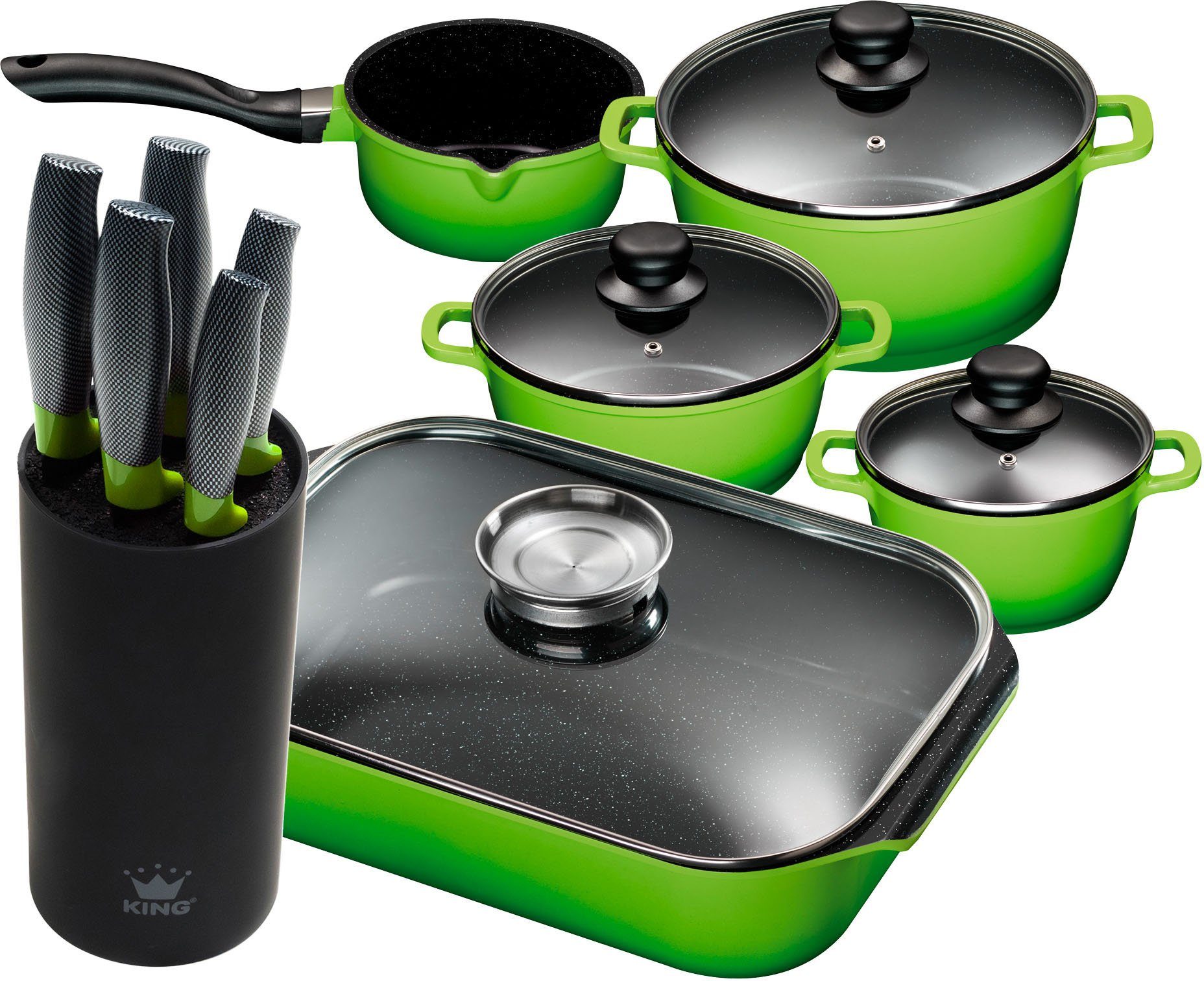 KING Topf-Set, Aluminiumguss (Set, 11-tlg., 4 Töpfe, 3 Deckel, Bräter, 1 Messerblock, 5 Kochmesser), Induktion