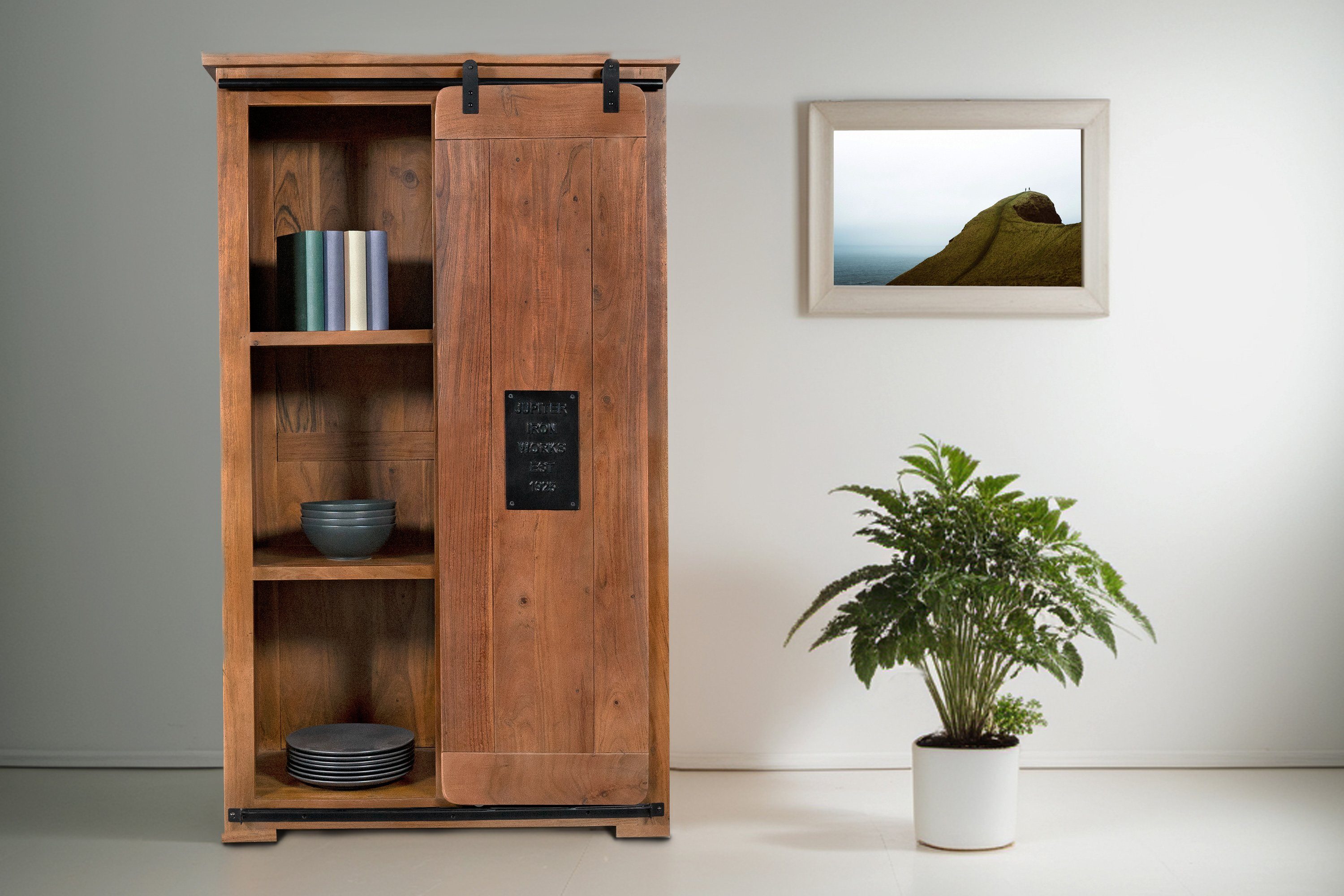 SAM® Highboard Gia, massives Akazienholz, mit Ablagefläche, Schiebetür, Metallschiene