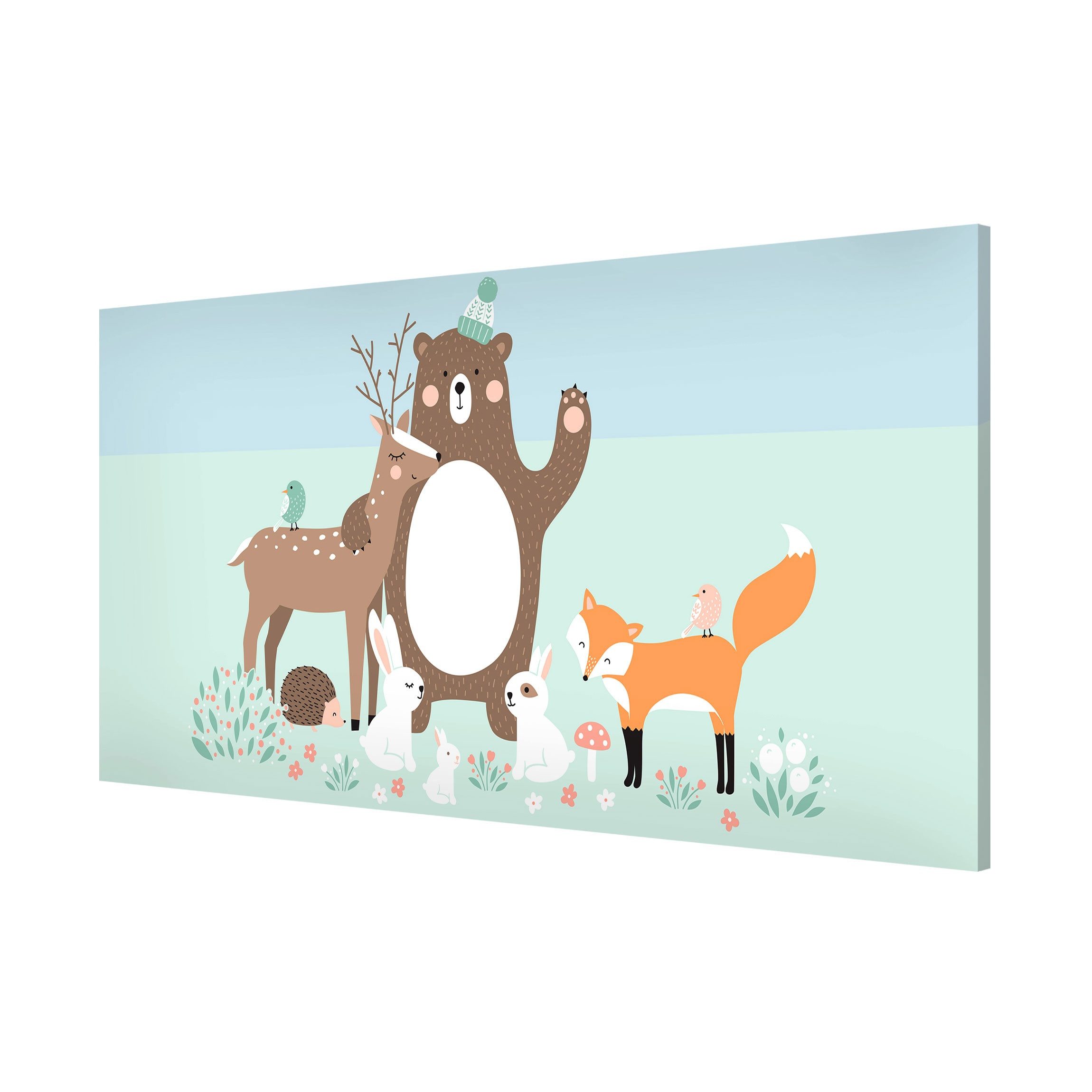 Bilderdepot24 Magnettafel Kinder deko Forest Friends mit Waldtieren blau, (1-tlg., Magnetboard Pinnwand für die Wand - metallische Tafel für Magnete), Magnetwand groß mit Motiv Kinderzimmer Memoboard magnetisch Querformat