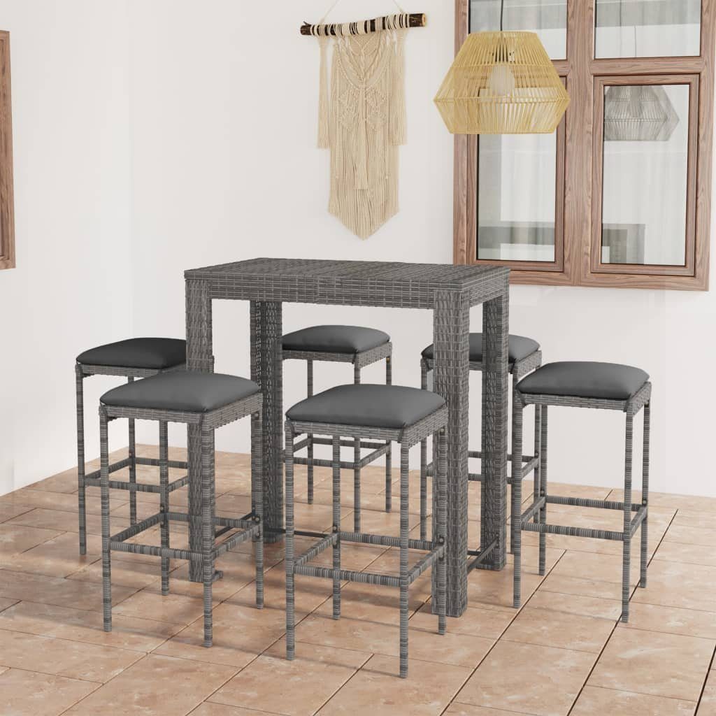 vidaXL Gartenlounge-Set 7-tlg. Gartenbar-Set mit Kissen Poly Rattan Grau, (7-tlg)