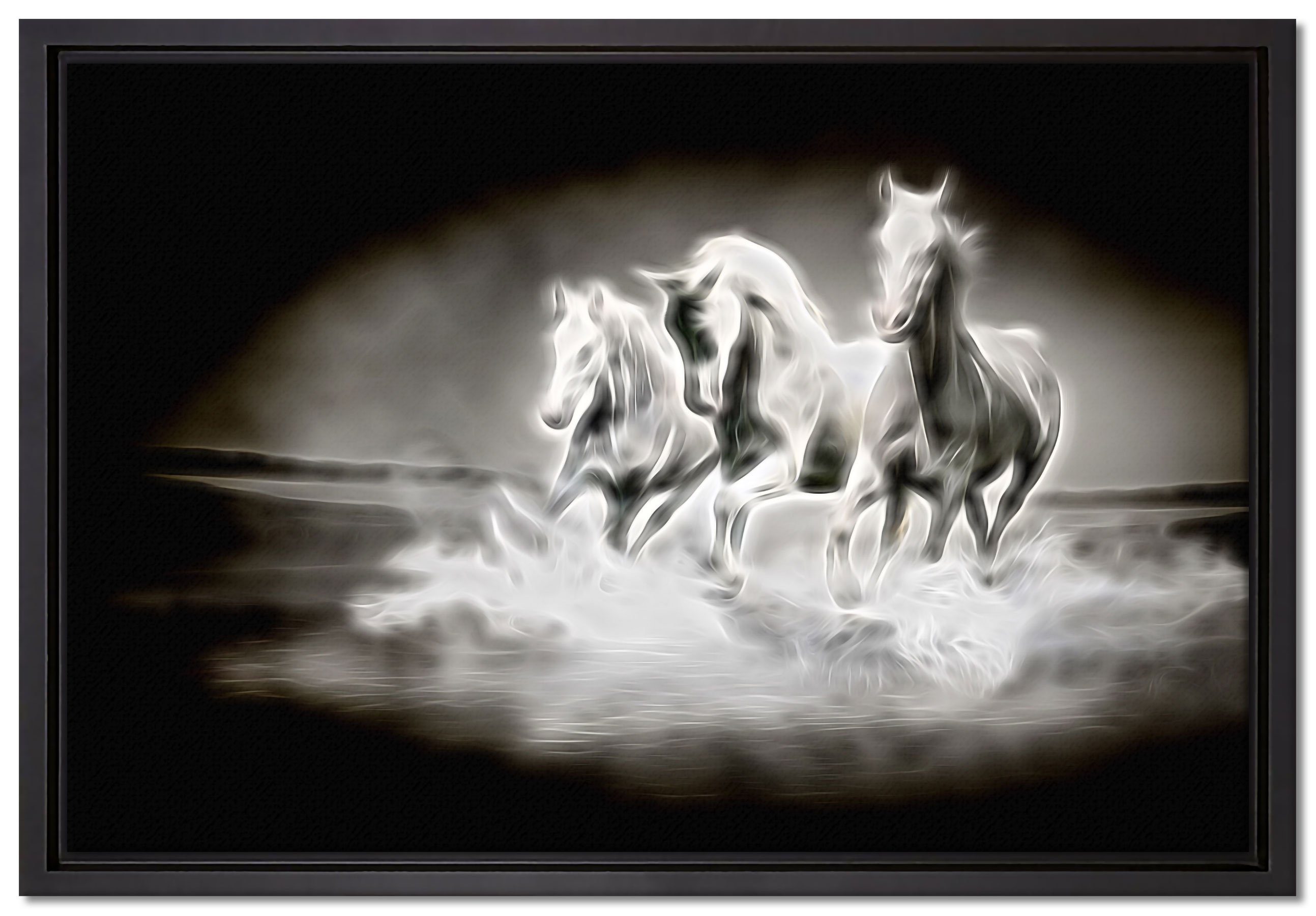 Pixxprint Leinwandbild Pferde rennen im Wasser, Wanddekoration (1 St), Leinwandbild fertig bespannt, in einem Schattenfugen-Bilderrahmen gefasst, inkl. Zackenaufhänger