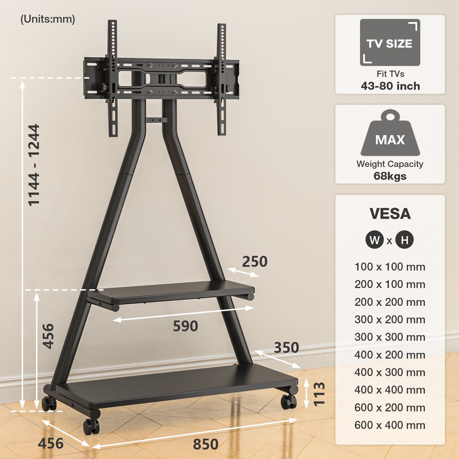 TVON TV-Ständer Rollständer für Fernseher Höhenverstellbar für 32-80 Zoll Fernseher, (bis 80 Zoll, 1-tlg., bis zu 68 KG Max. VESA 600 x 400 mm)