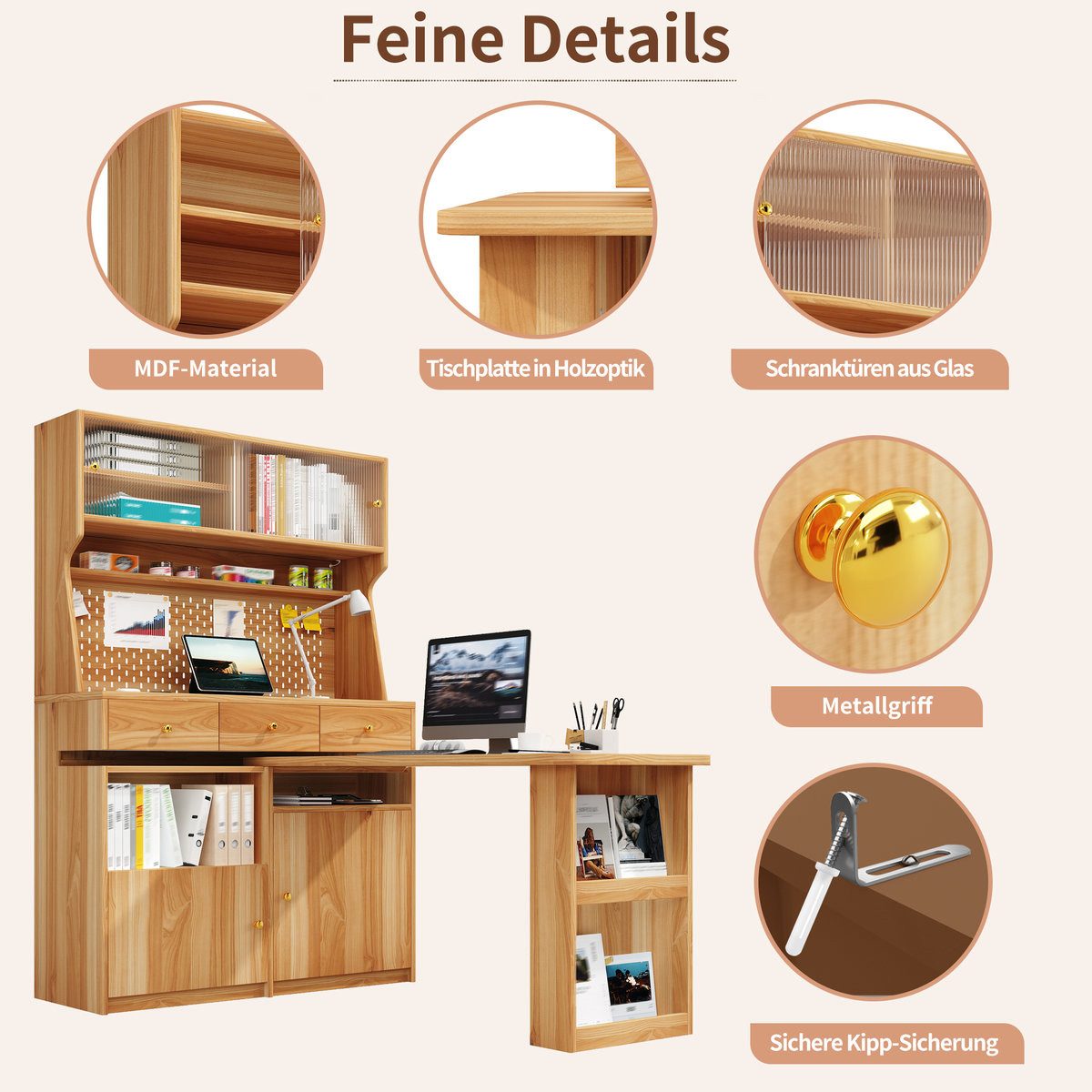 Odikalo Küchenbuffet Küchenschrank Buffetschrank mit Schreibtisch & LED (Multifunktionaler Stehschrank mit LED-Beleuchtung und App-Steuerung, Glastüren verstell – Bild 5 von 5