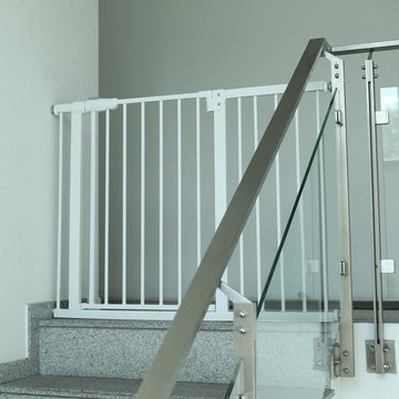 RAMROXX Treppenschutzgitter Absperrgitter Treppenschutz Metall weiß + Y Halter 77cm 101-114cm