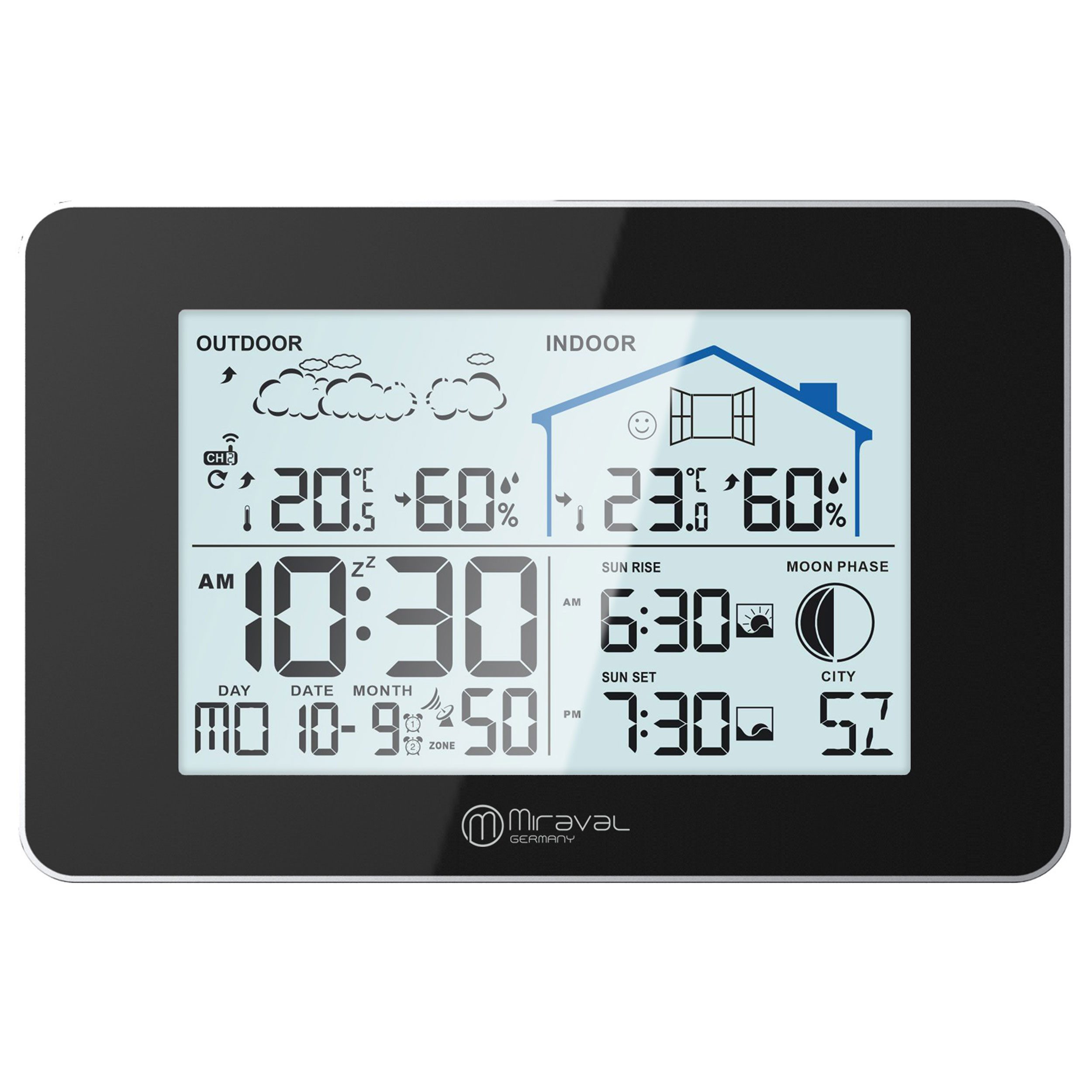 Miraval LCD Funk-Wetterstation mit Außensenor Funkwetterstation (Temperaturanzeige Datumsanzeige Alarm Displaybeleuchtung Hygrometer)
