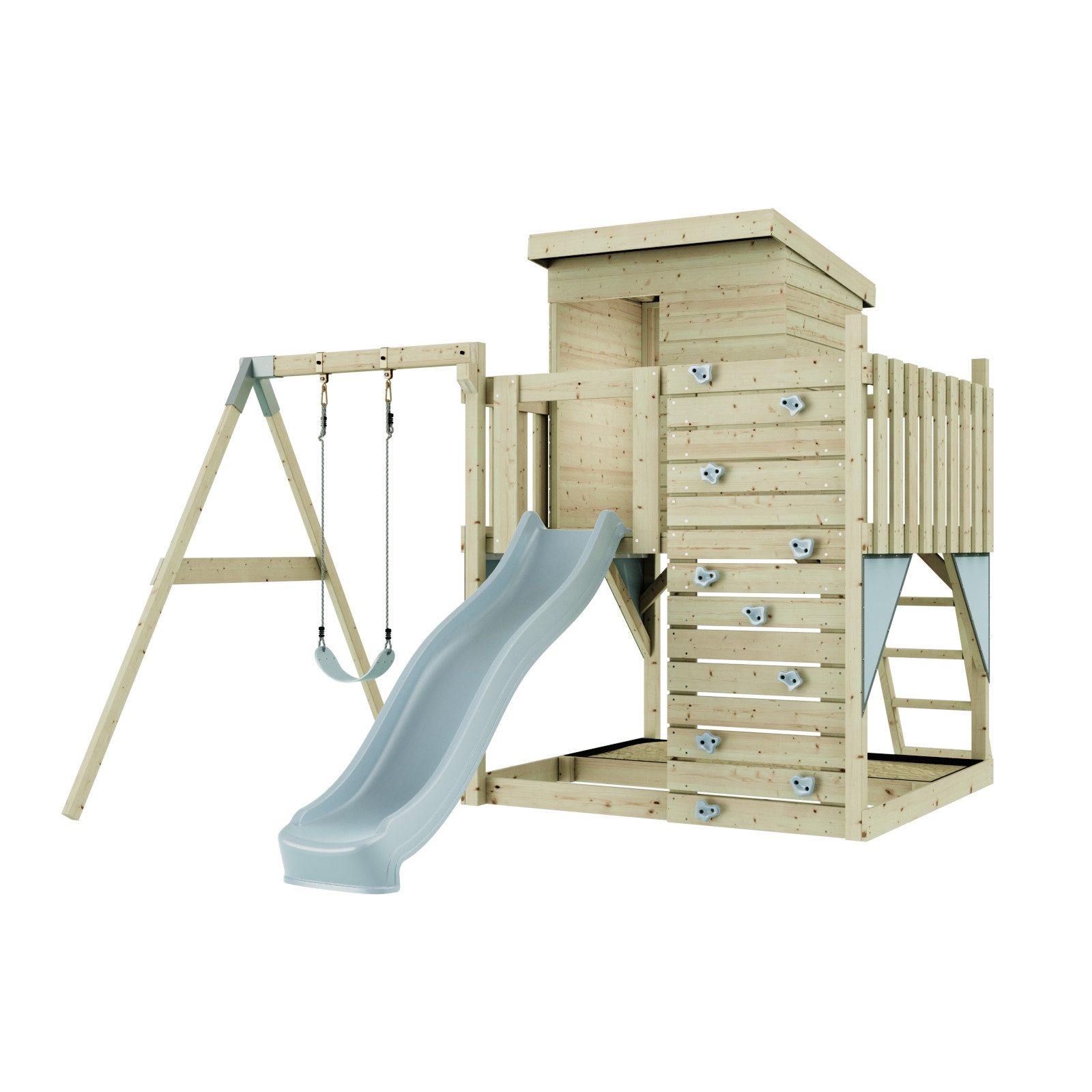 OutdoorToys Spielturm Alma aus Holz in Eisblau mit Kinderschaukel & Rutsche, Kletterwand, aus Holz in Eisblau mit Kinderschaukel & Rutsche, Kletterwand