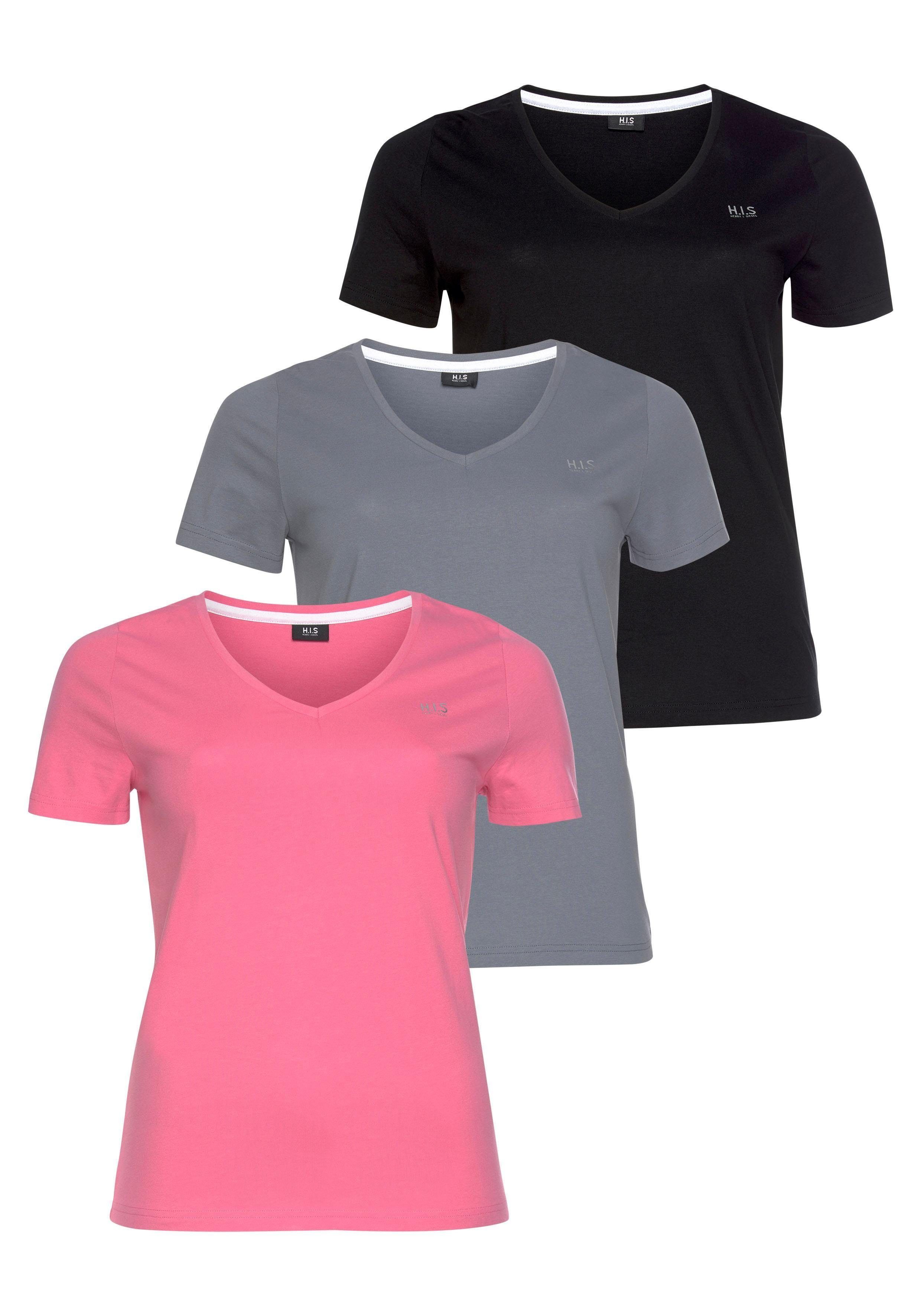 3er-Pack) Essential-Basics schwarz, H.I.S (Spar-Set, Große rauchblau Größen pink, T-Shirt