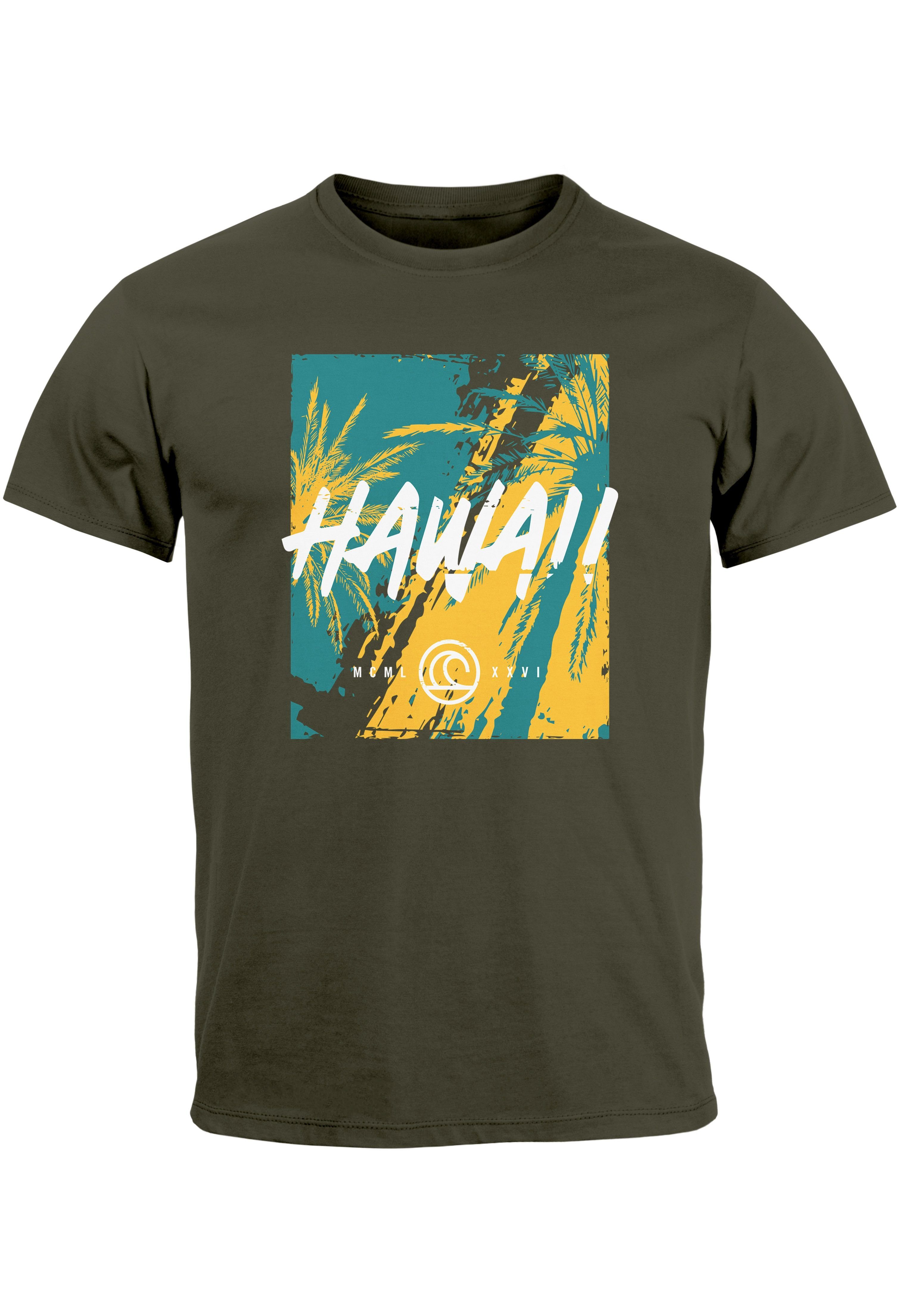 Neverless Print-Shirt Herren T-Shirt Hawaii Surfing Palmen Aufdruck Sommer Print Fashion Str mit Print army