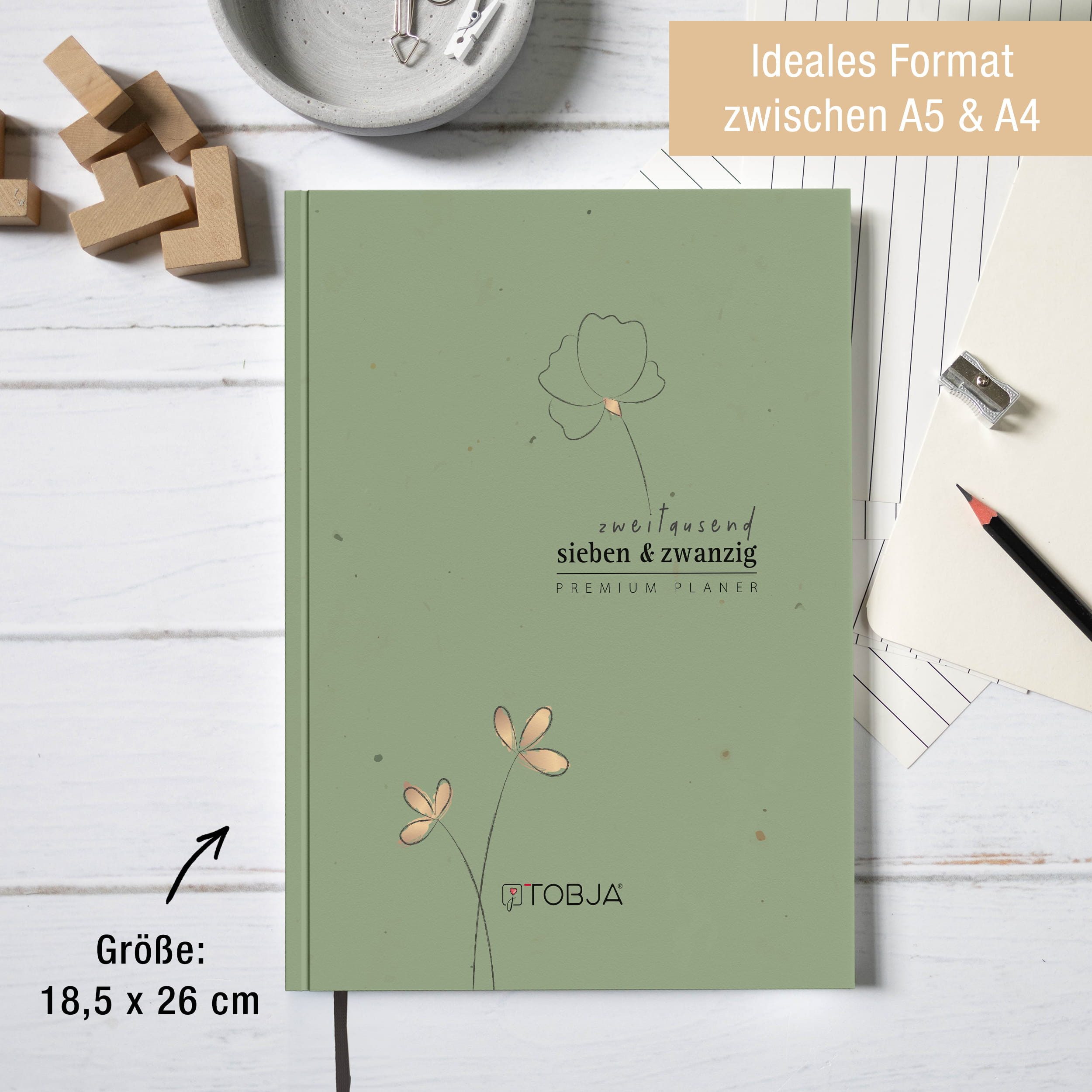 TOBJA Buchkalender Buchkalender 2027 Wochenplaner salbeigrün Skandi OptiPlaner Sage FSC, Salbeigrün, Roségold-Blumen, 30-Min-Taktung, 18,5x26 cm, FSC – Bild 4 von 5