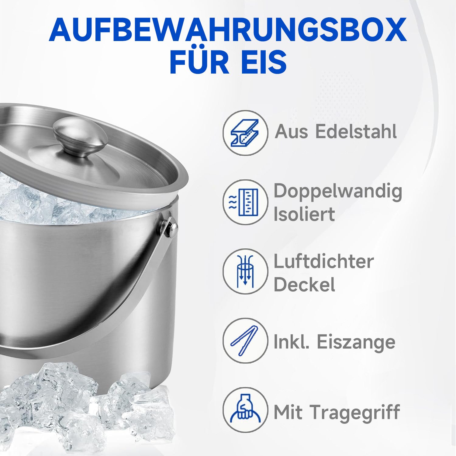 OSTWOLKE Eiseimer Eiswürfelbehälter mit Deckel und Eiszange, 2 Liter, doppelwandig, Edelstahl, für Bar Party Hause