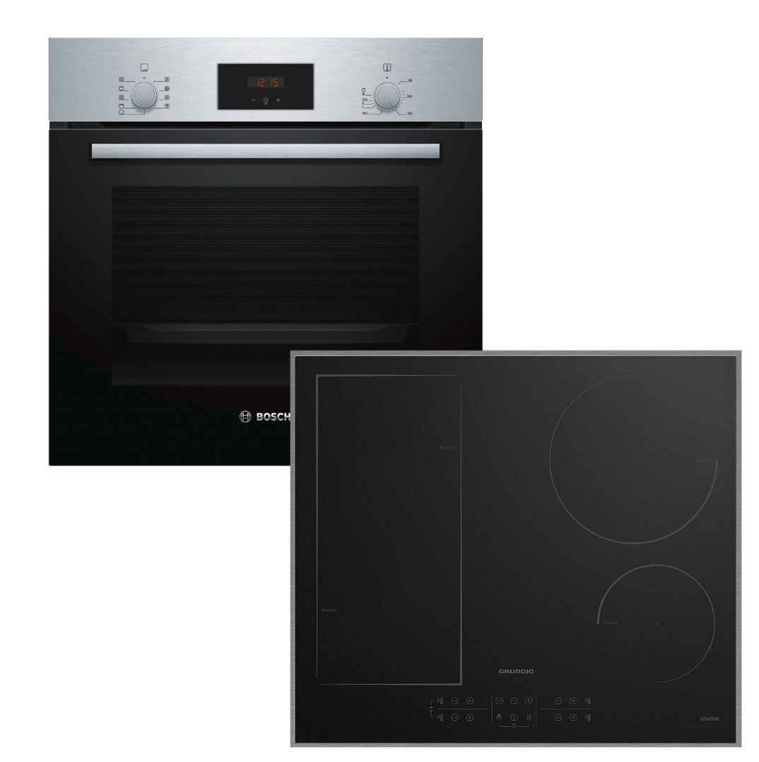 BOSCH Backofen-Set Serie 2 Teleskopauszug + Grundig Induktionskochfeld Flex Booster, mit 1-fach Teilauszug