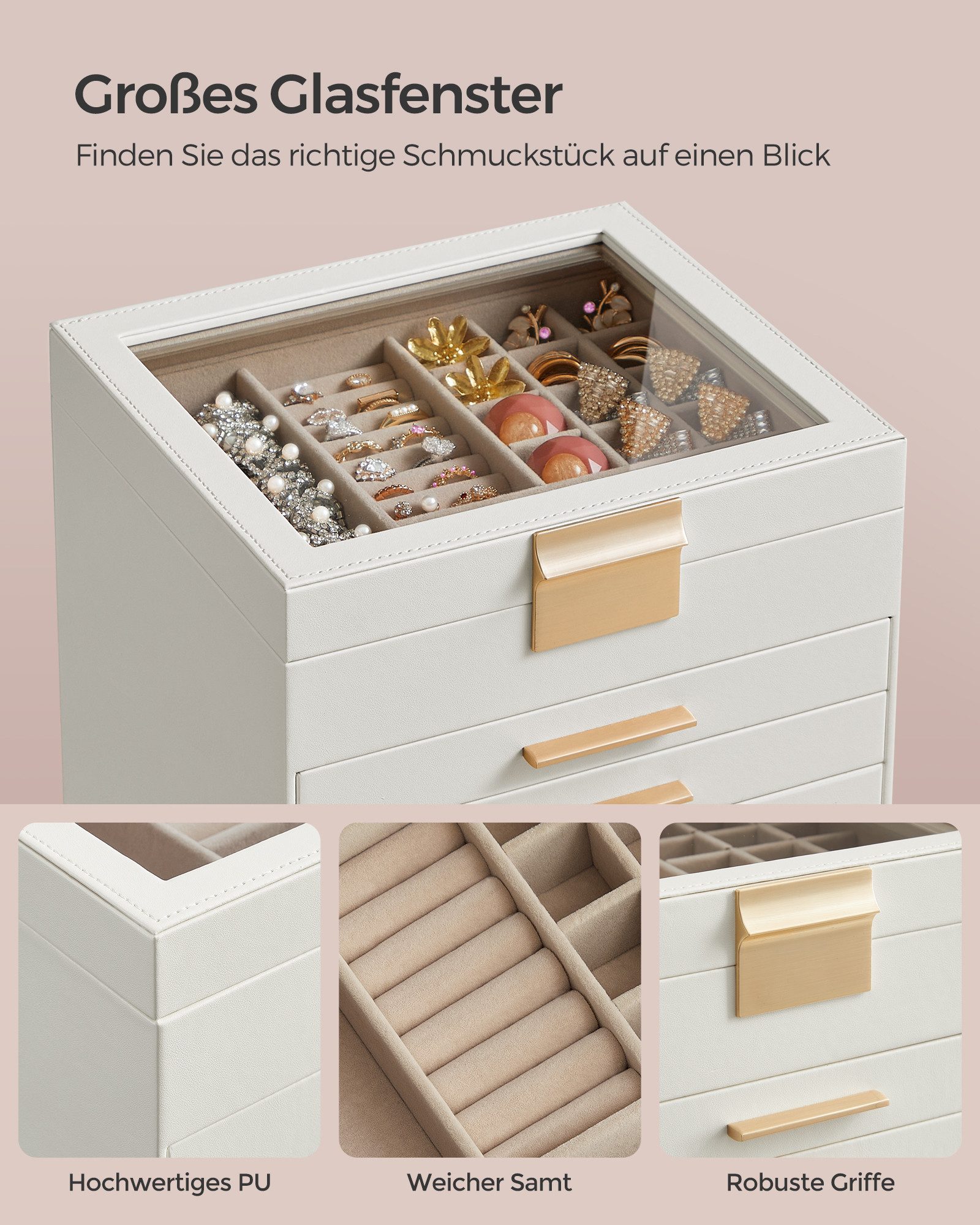 SONGMICS Schmuckkasten Schmuckkästchen, Schmuckbox mit Glasdeckel, wolkenweiß-golden, 6 Ebenen, 5 Schubladen, Schmuckaufbewahrung, 20,3 x 23,1 x 22,8 cm – Bild 4 von 5