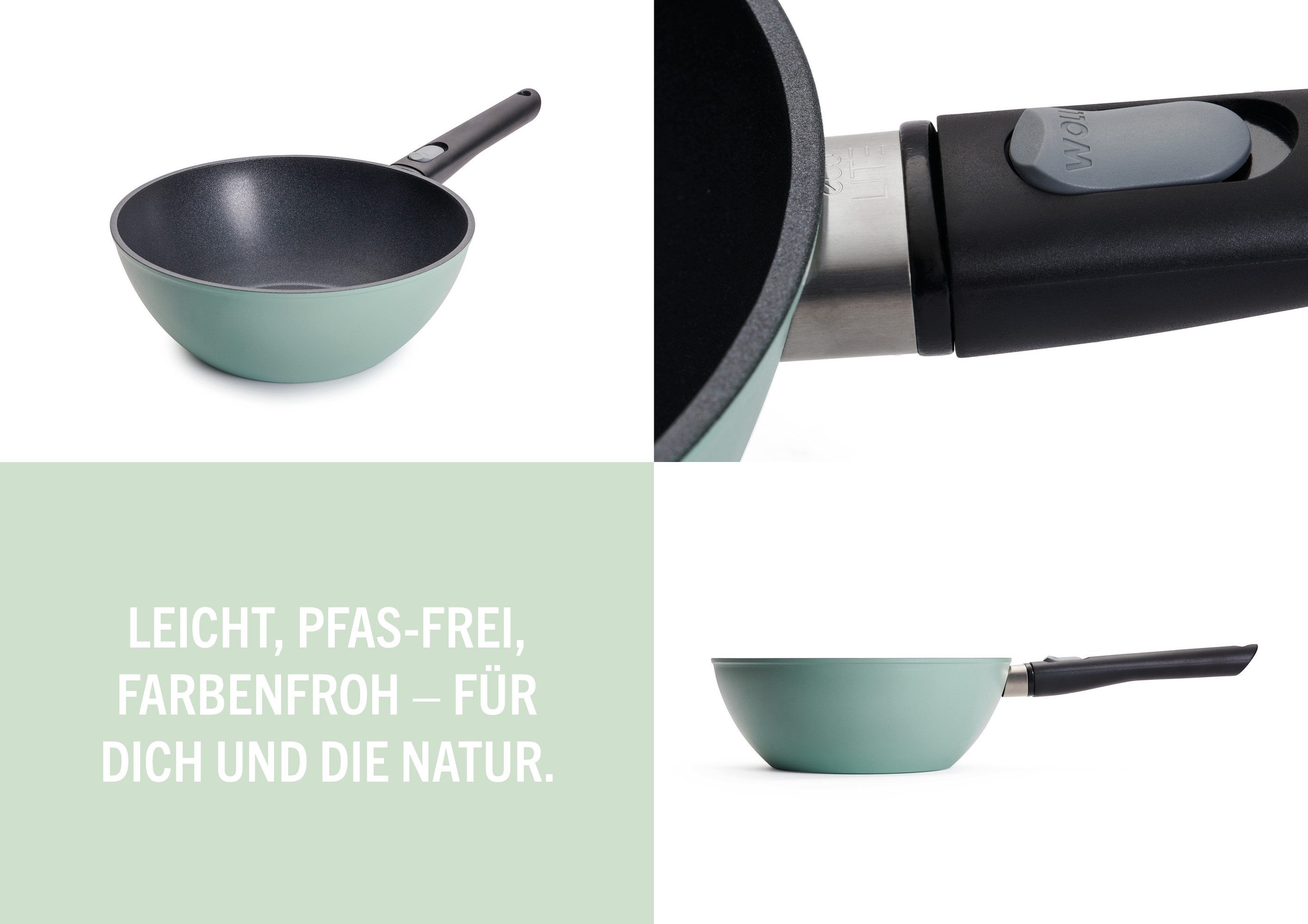 WOLL MADE IN GERMANY Wok Ecolour Ø 24 cm inkl. Deckel, Aluminiumguss (Set, 2-tlg), abnehmbarer Stiel