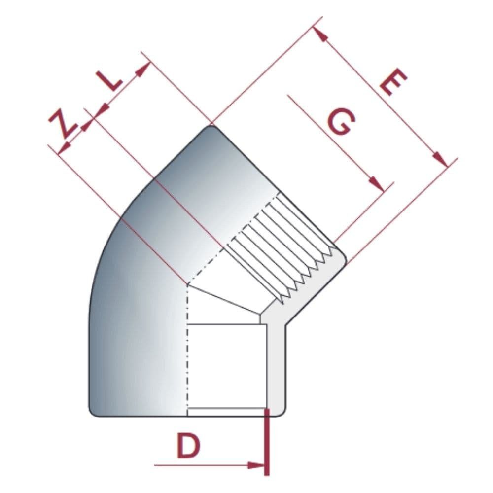 Cepex Steckfitting PVC Winkel 45 Grad, PVC Fittings, 3/4 Zoll Innengewinde, PN10, Rohrverbinder