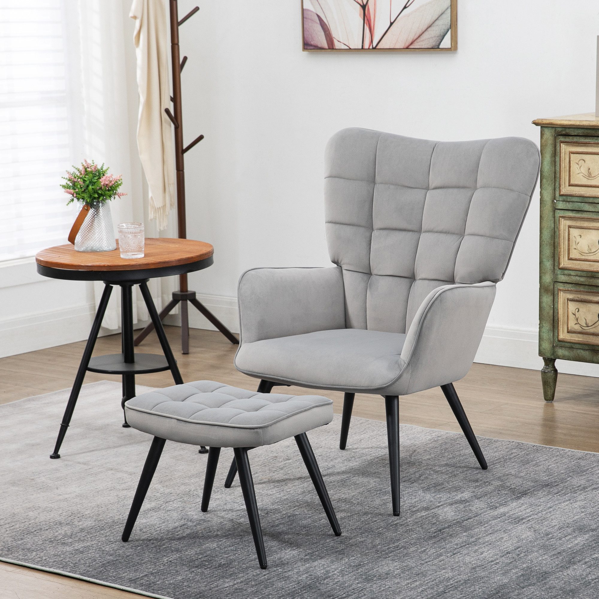 HOMCOM Relaxsessel Ohrensessel mit Samtoptik, Polstersessel, Schlafzimmer (Esszimmerstuhl, 2-St., Fernsehsessel), bis 120kg, für Wohnzimmer, Hellgrau