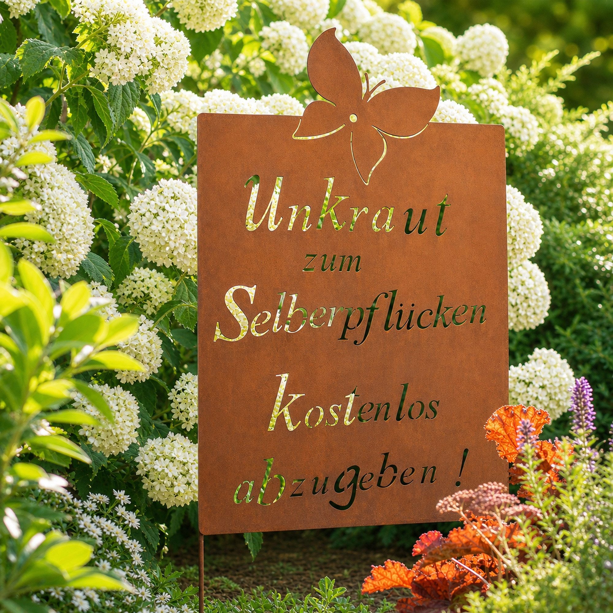 UNUS GARDEN Gartenstecker Roststecker Schild Spruch Unkraut (1-St., 66 x 43,5 cm (HxB) inkl. Streben ca. 99 cm lang) Unkraut zum Selberpflücken kostenlos abzugeben