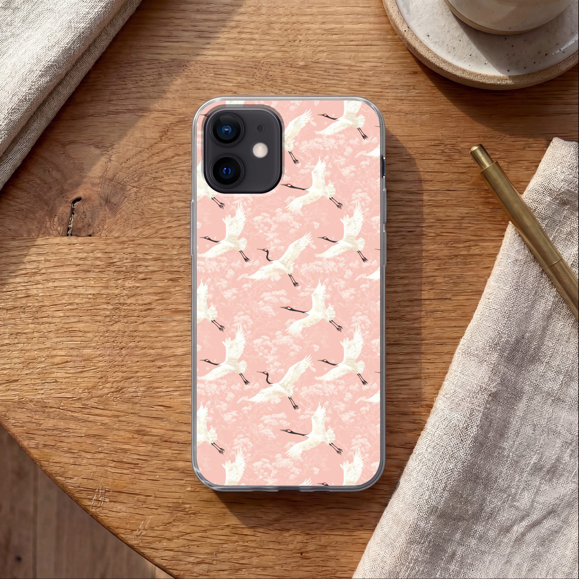 MuchoWow Handyhülle für Apple iPhone 12 Kranich - Blüte - Rosa, Smartphone-Bumper, Print, Handy Schutzhülle Dünn