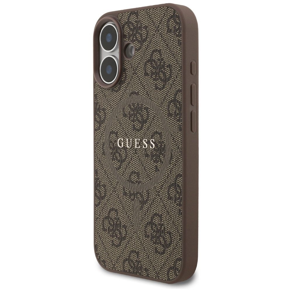Guess Handyhülle Case iPhone 17 MagSafe Kunstleder braun Logo goldfarben 6,3 Zoll, Kantenschutz